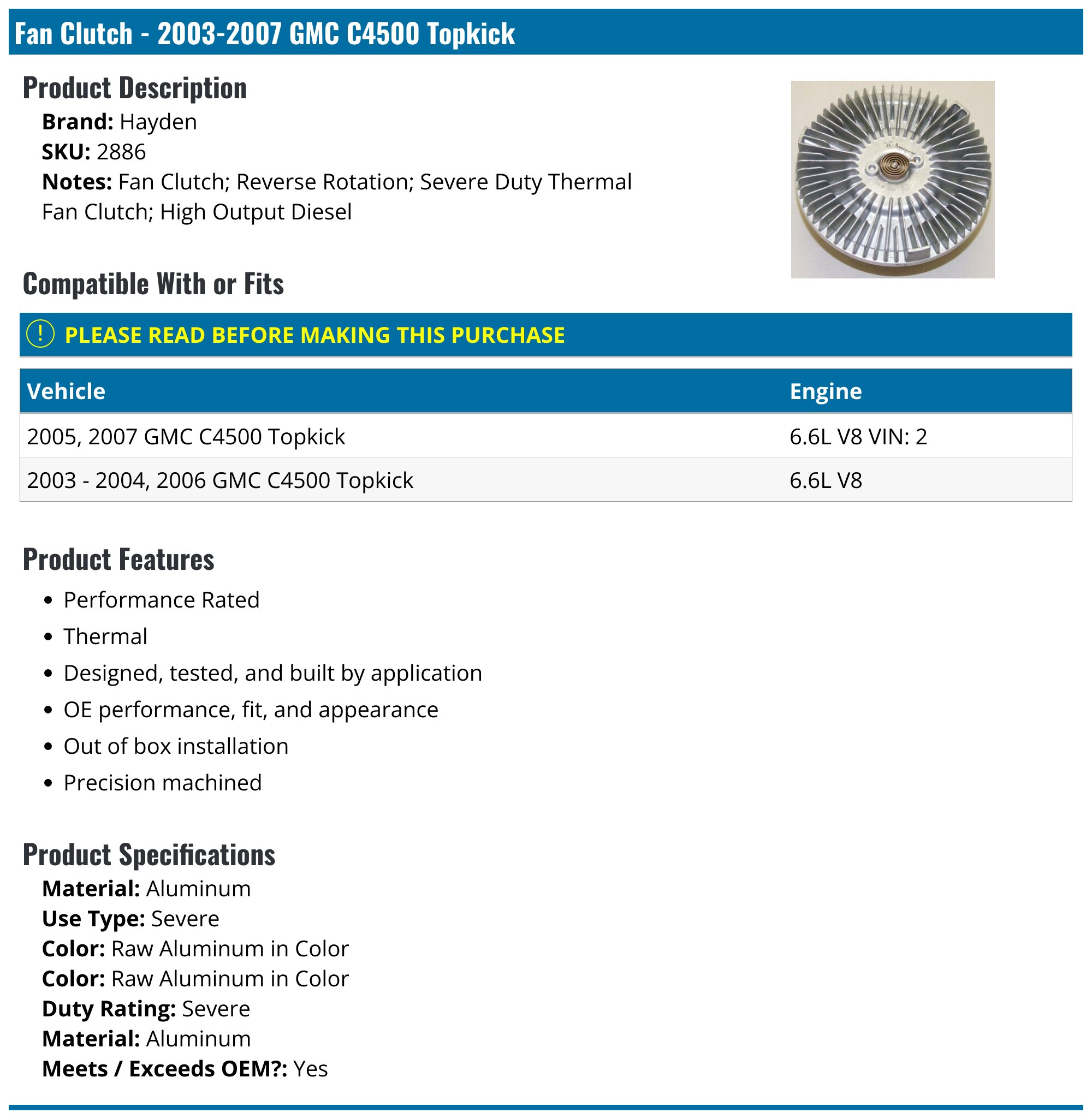 20032007 GMC C4500 Topkick Fan Clutch Hayden 2886