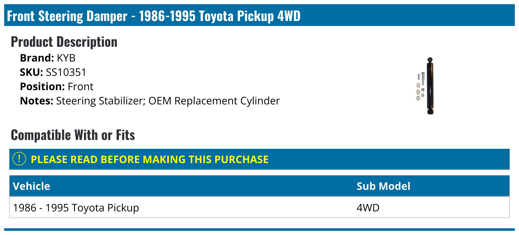 1986 1995 Toyota Pickup Steering Damper KYB SS10351 Front PartsGeek
