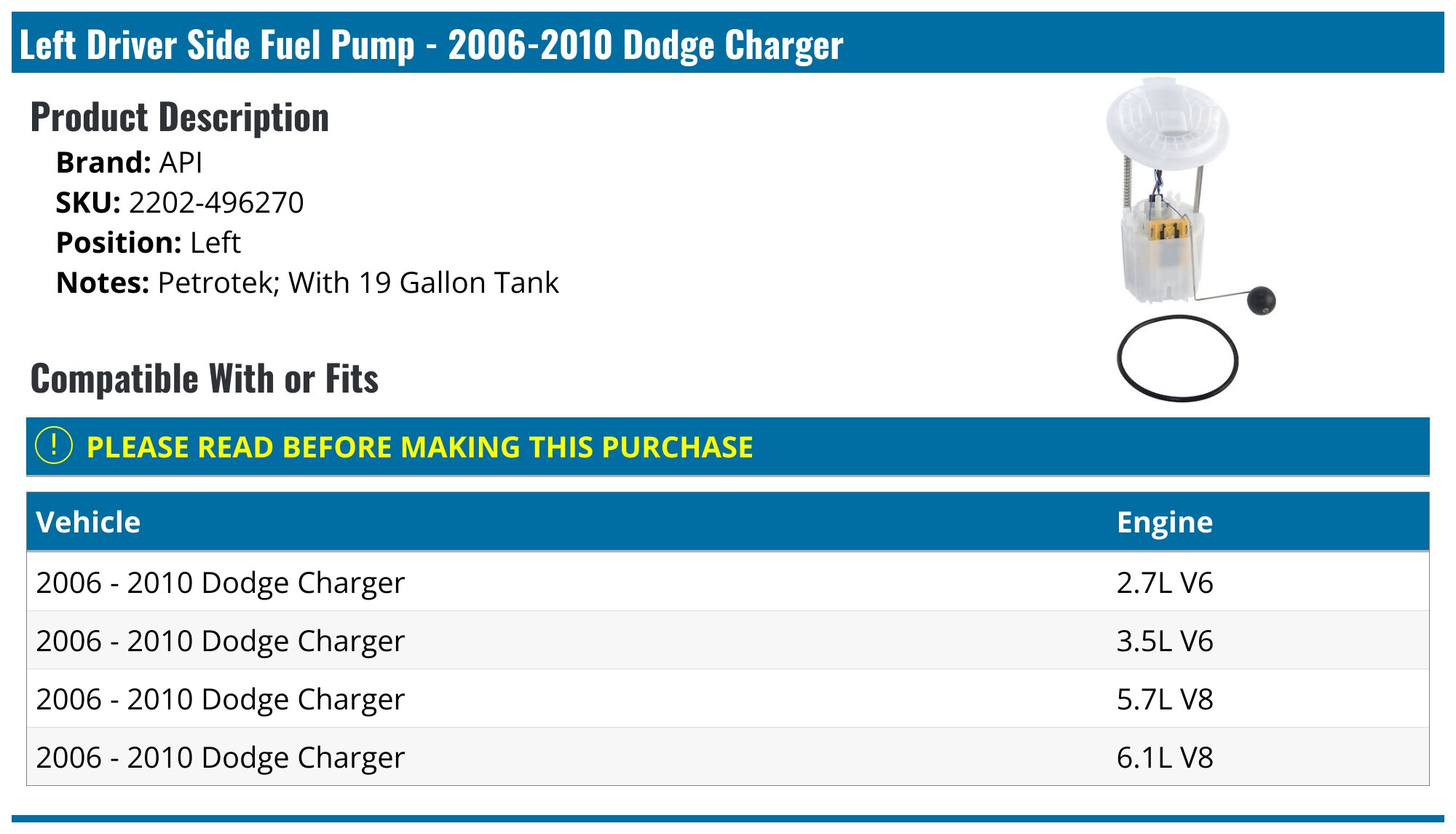 Pair Of Fuel Pump Assemblies For 2006-2010 Dodge Charger 2.7L 3.5L 5.7L - 18 Gallon Tank