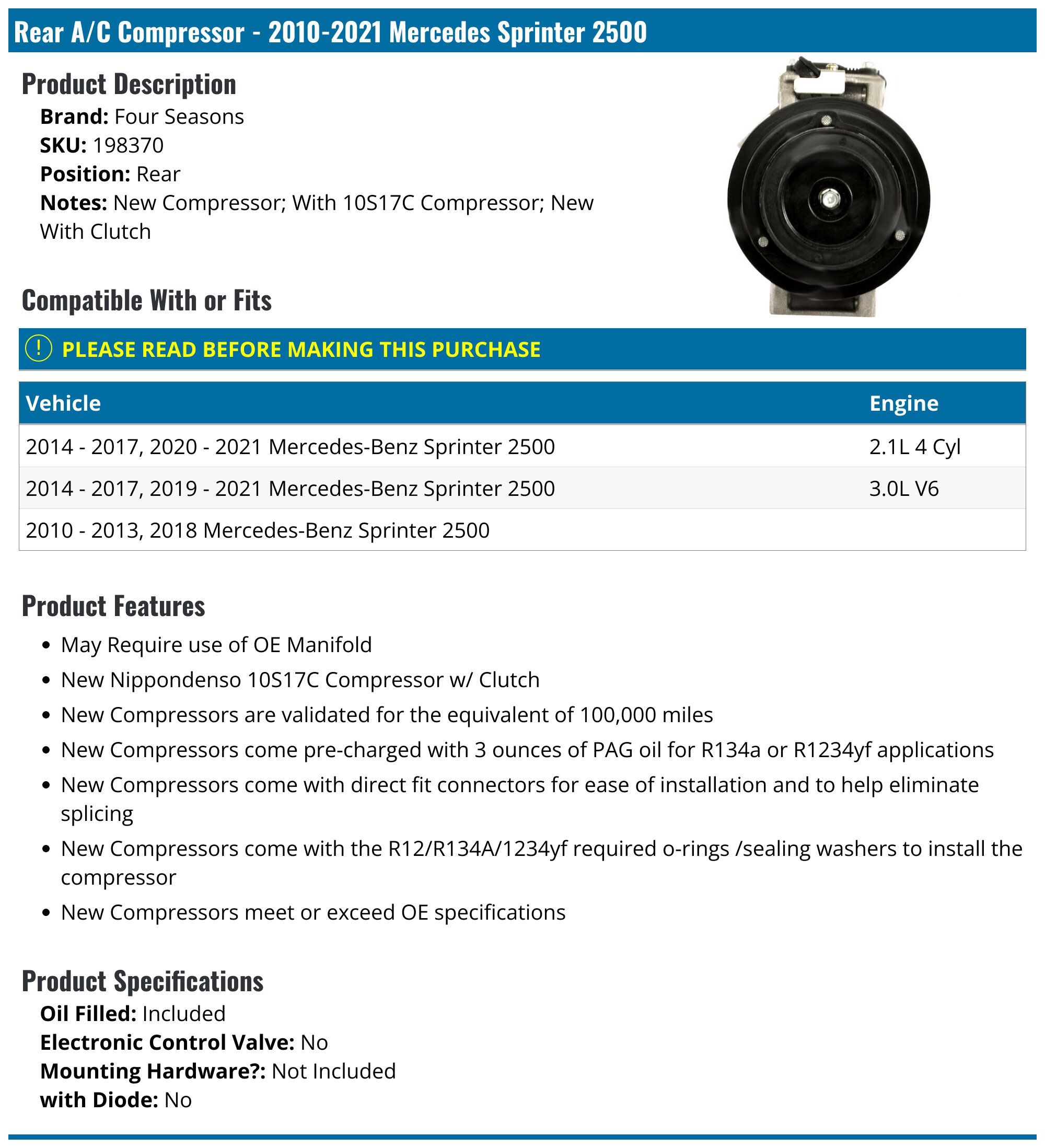 Sprinter Van Merc Compressor Rear 2010-2022 Mercedes Sprinter 2500 A/C Compressor - Four Seasons 198370 ...