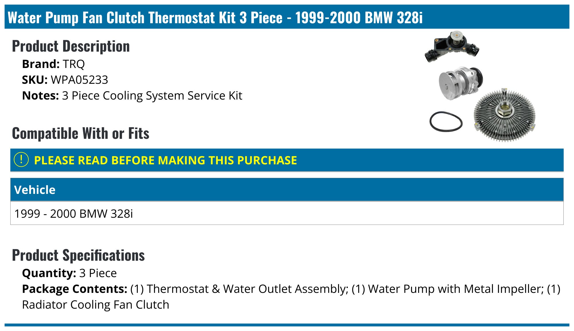 19992000 BMW 328i Water Pump TRQ WPA05233