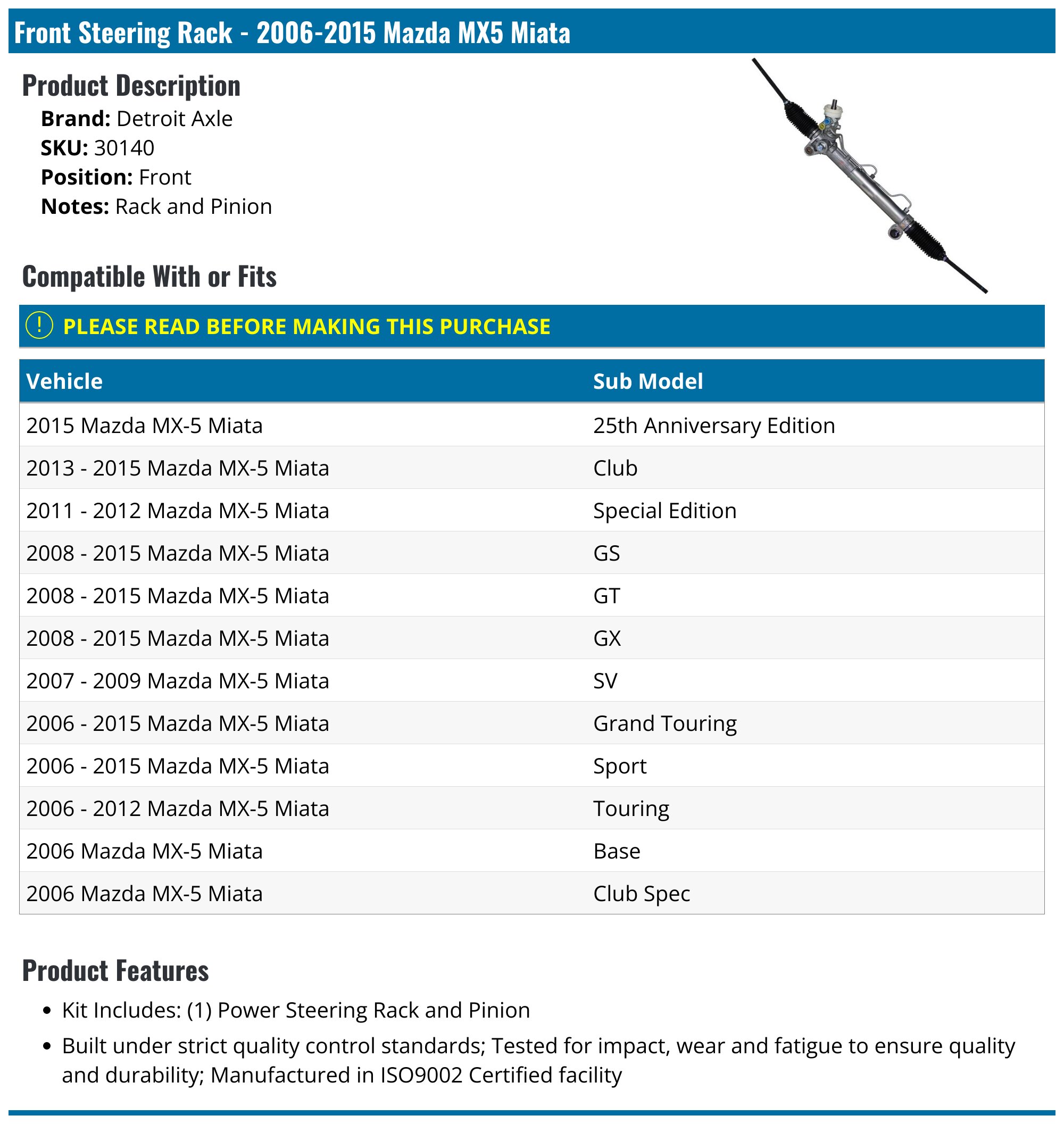 Mx5 Steering Rack 2006-2015 Mazda MX5 Miata Steering Rack - Detroit Axle 30140 - Front ...