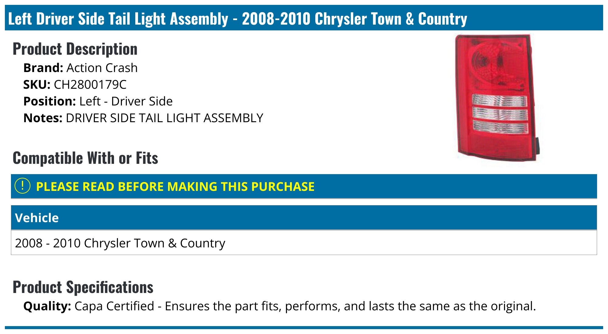 FOR 2008-2010 Chrysler Town and Country TailLight Assembly Left side