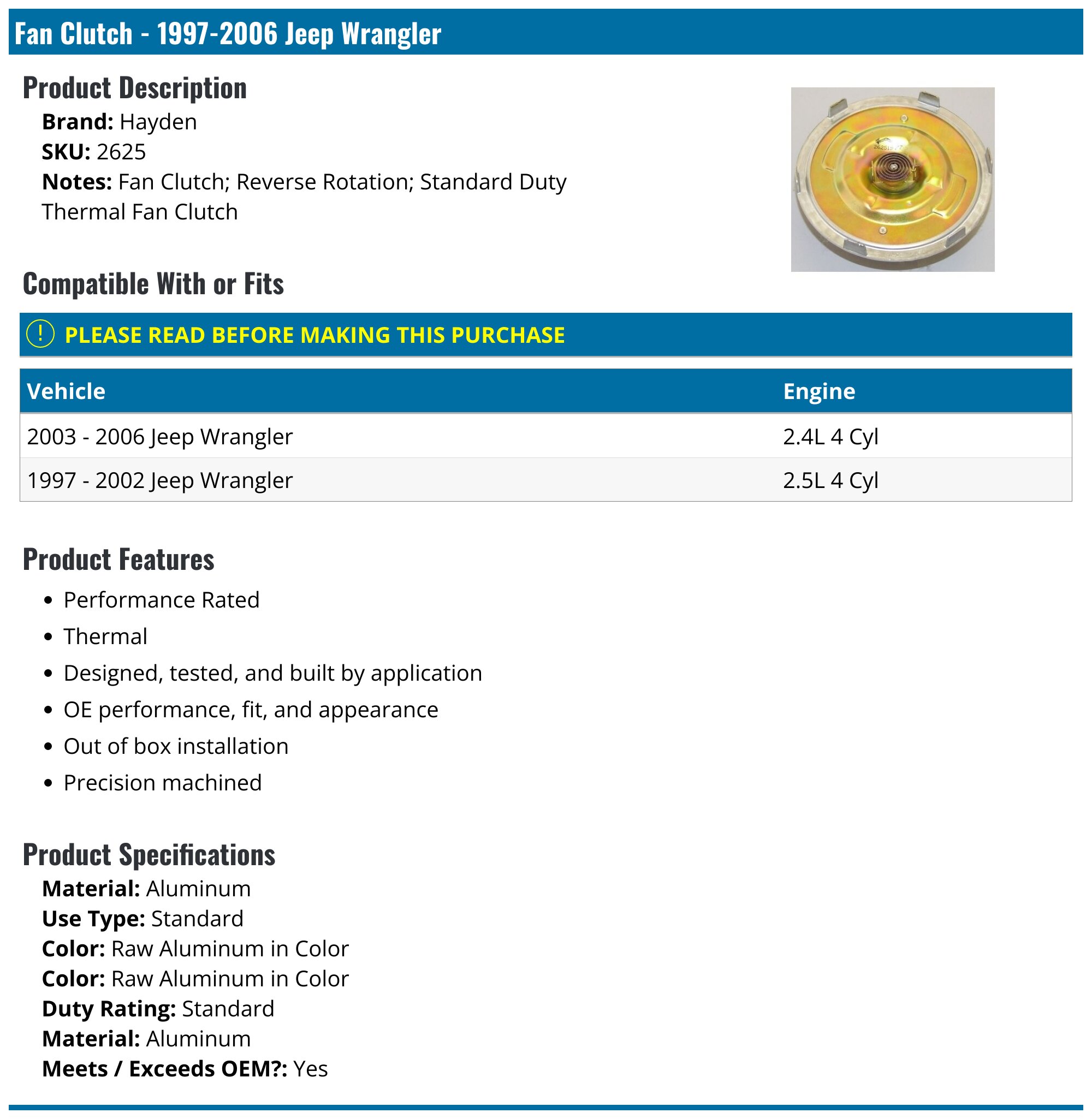 19972006 Jeep Wrangler Fan Clutch Hayden 2625