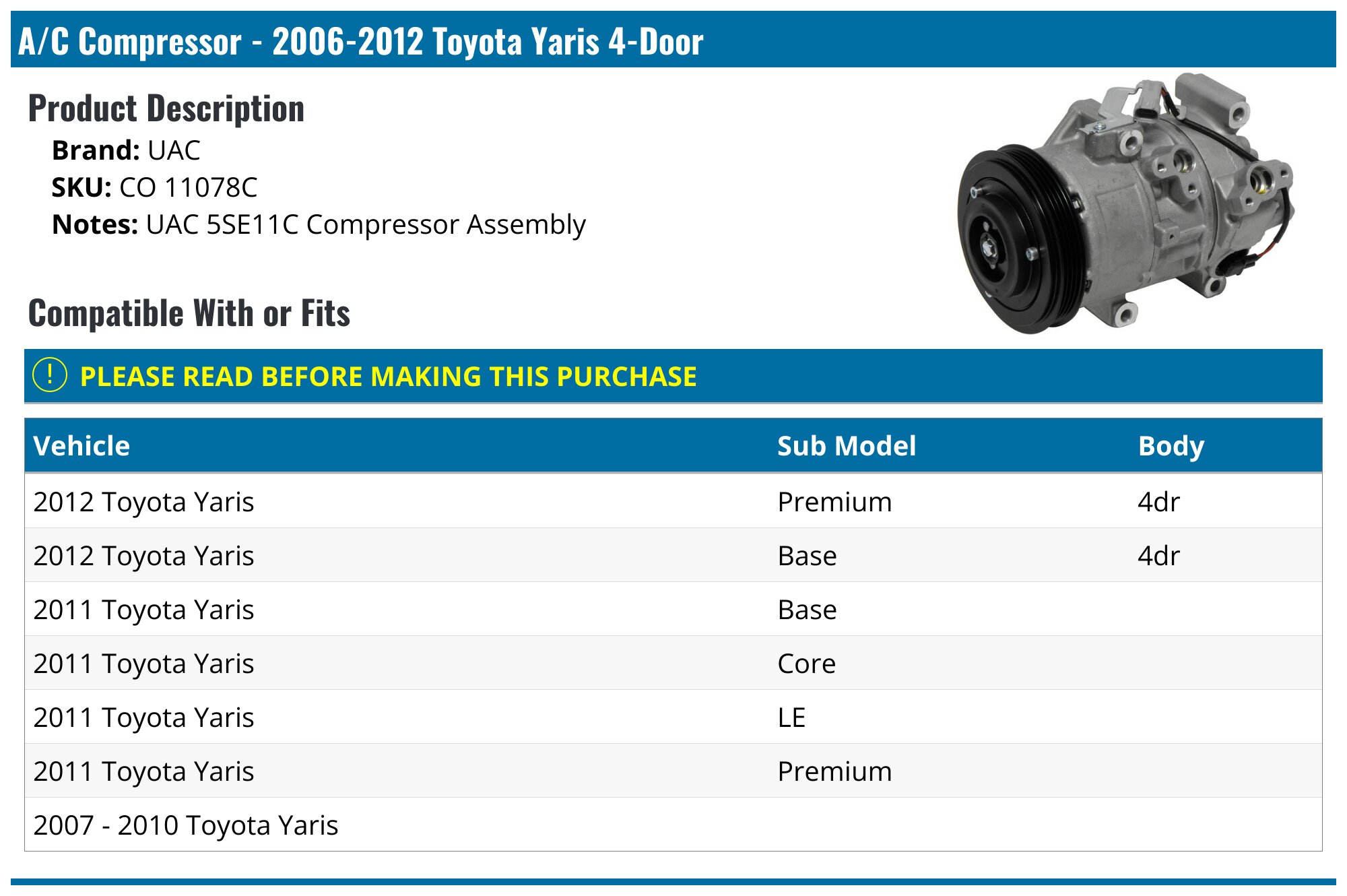 AC コンプレッサー 2007-2010トピタキリス1.5 L用AC A / Cハンゲップ 