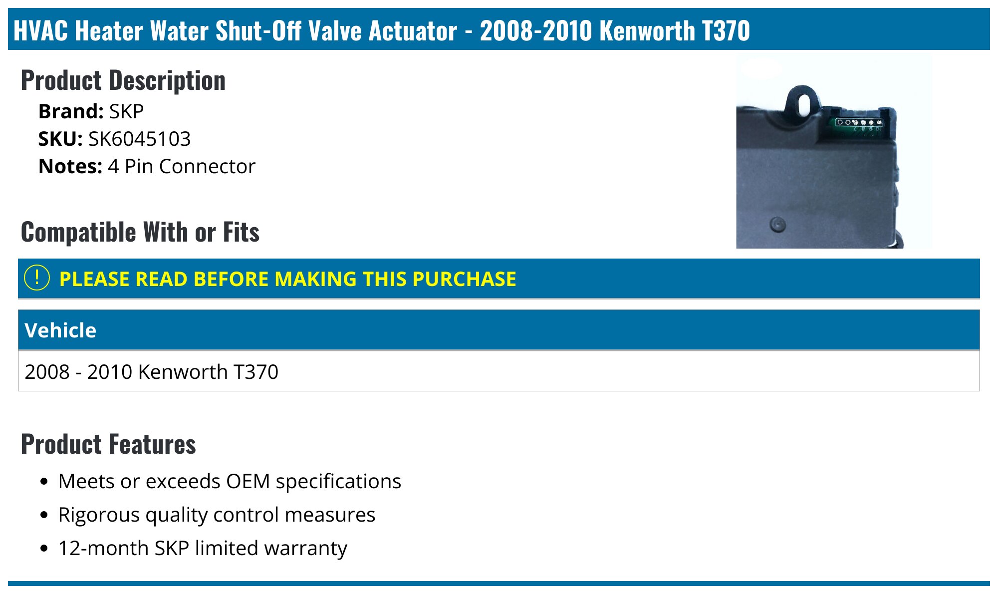 thumbnail image 2 of HD Solutions Dorman 604-5112 HVAC Heater Water Shut-Off Valve Actuator For Kenworth T800 2 of 6