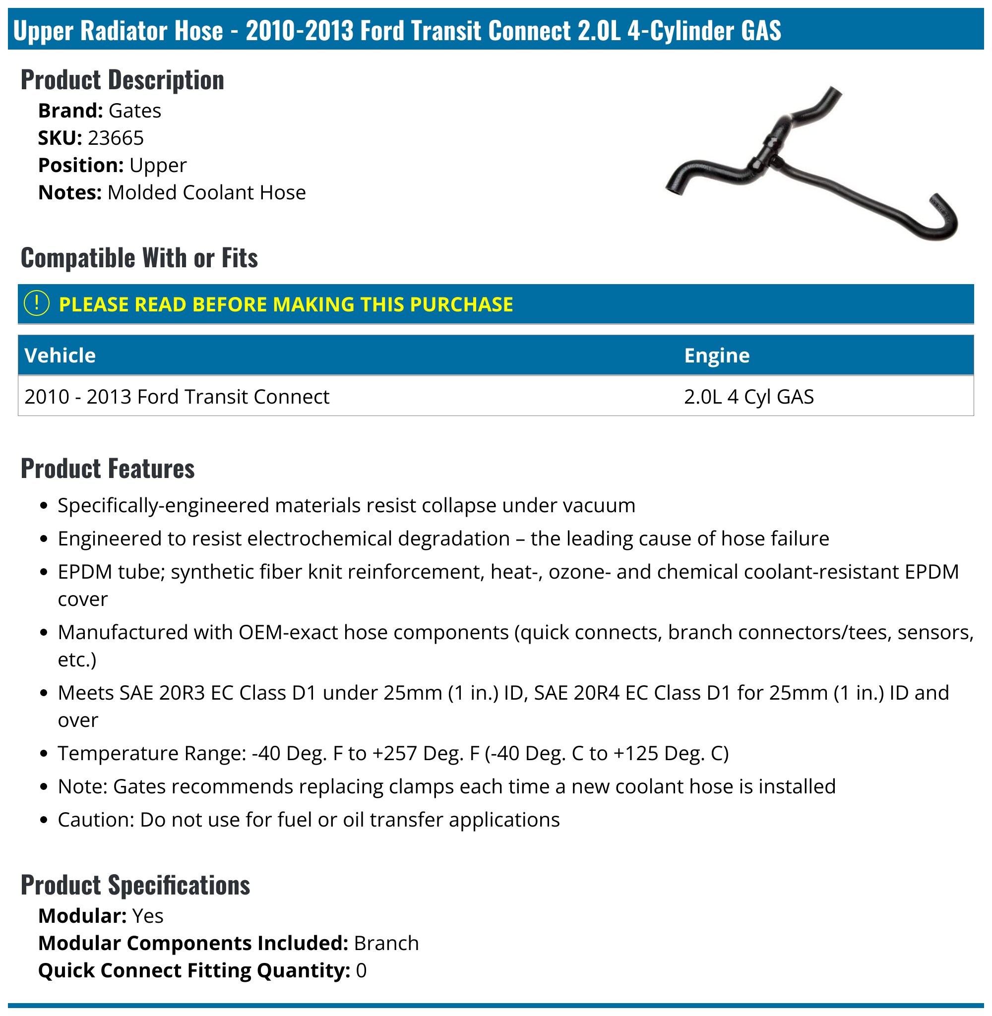 2010-2013 Ford Transit Connect Radiator Hose - Gates 23665 - Upper ...