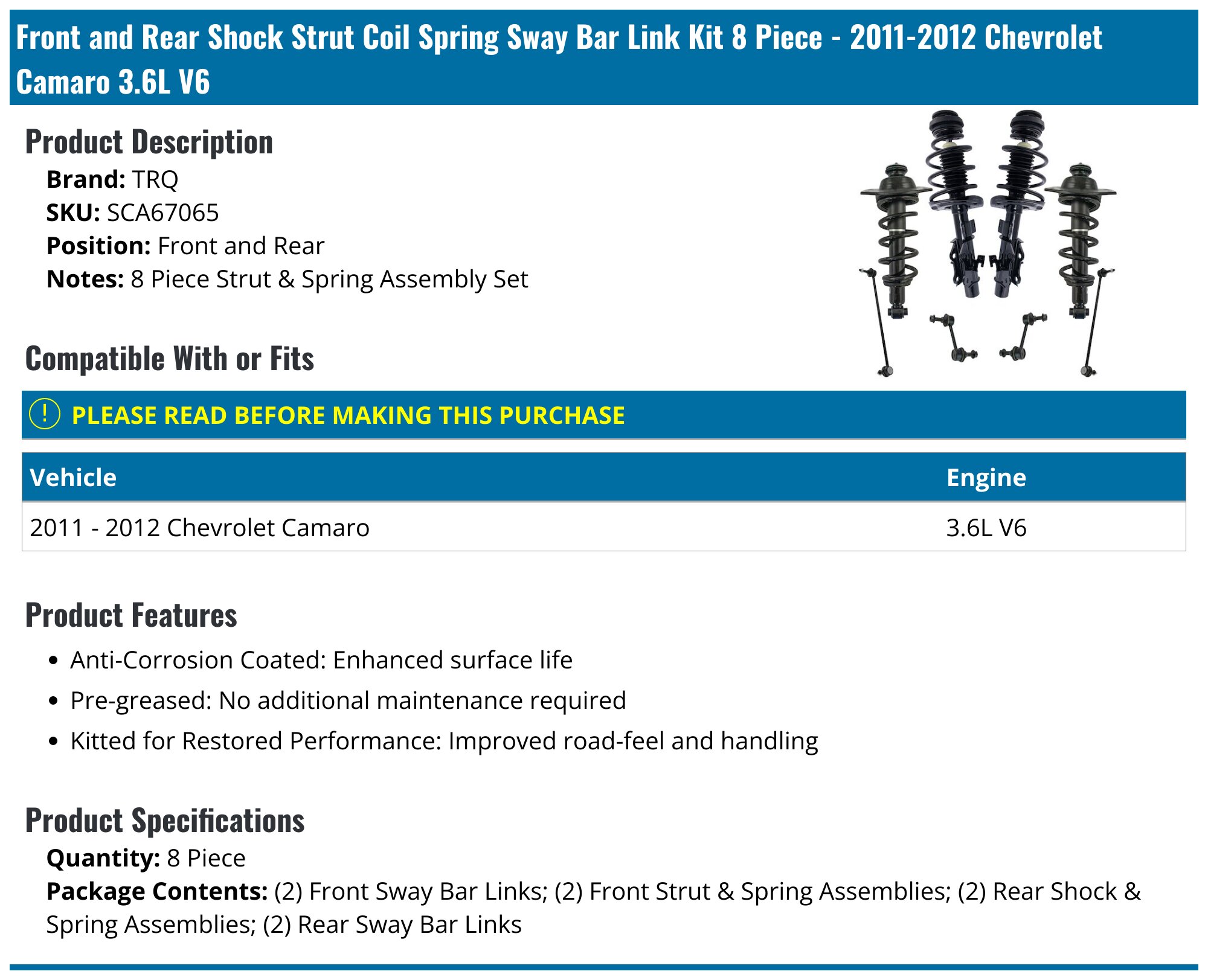 Front Strut and Coil Spring Assembly Kit - 2-Piece - 2010-2015 Chevrolet Camaro 3.6L V6 - DriveBolt 30402-02722288