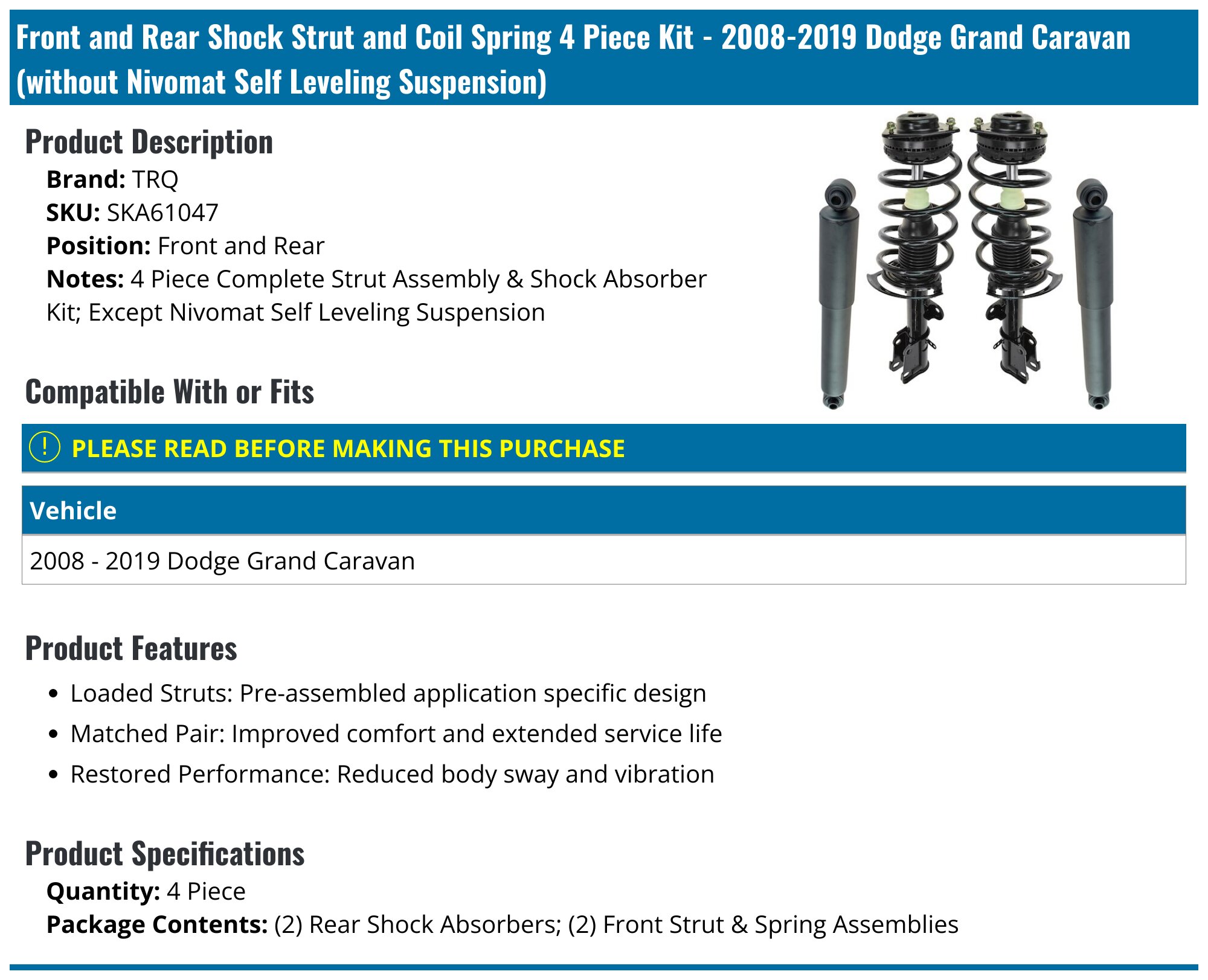 Front-Rear Set 4 Quick Complete Strut-Shock For 2008-2010 Dodge Grand Caravan w/o Self Leveling Suspension - Walmart Supplies