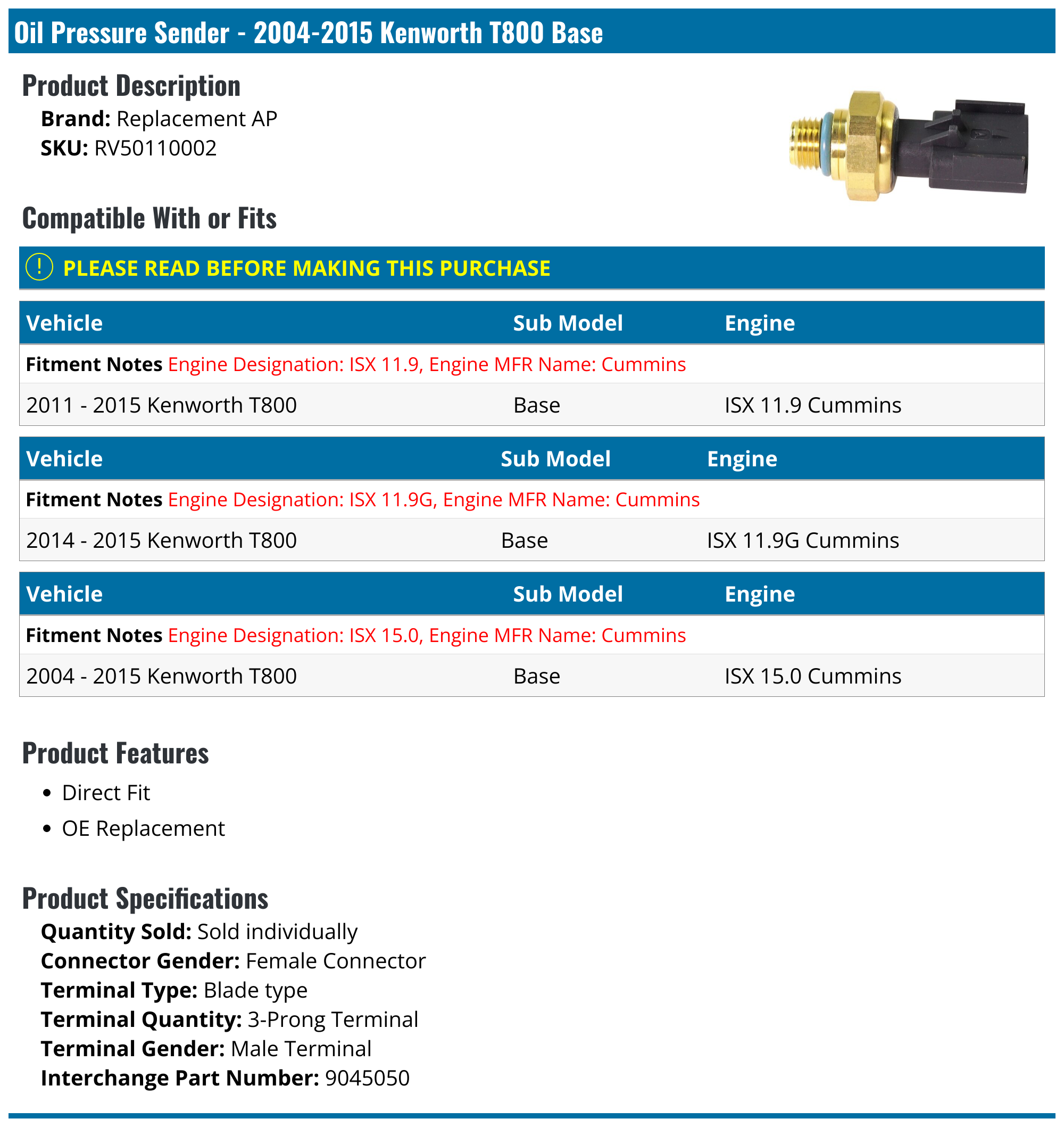20042015 Kenworth T800 Oil Pressure Sender Replacement AP RV50110002
