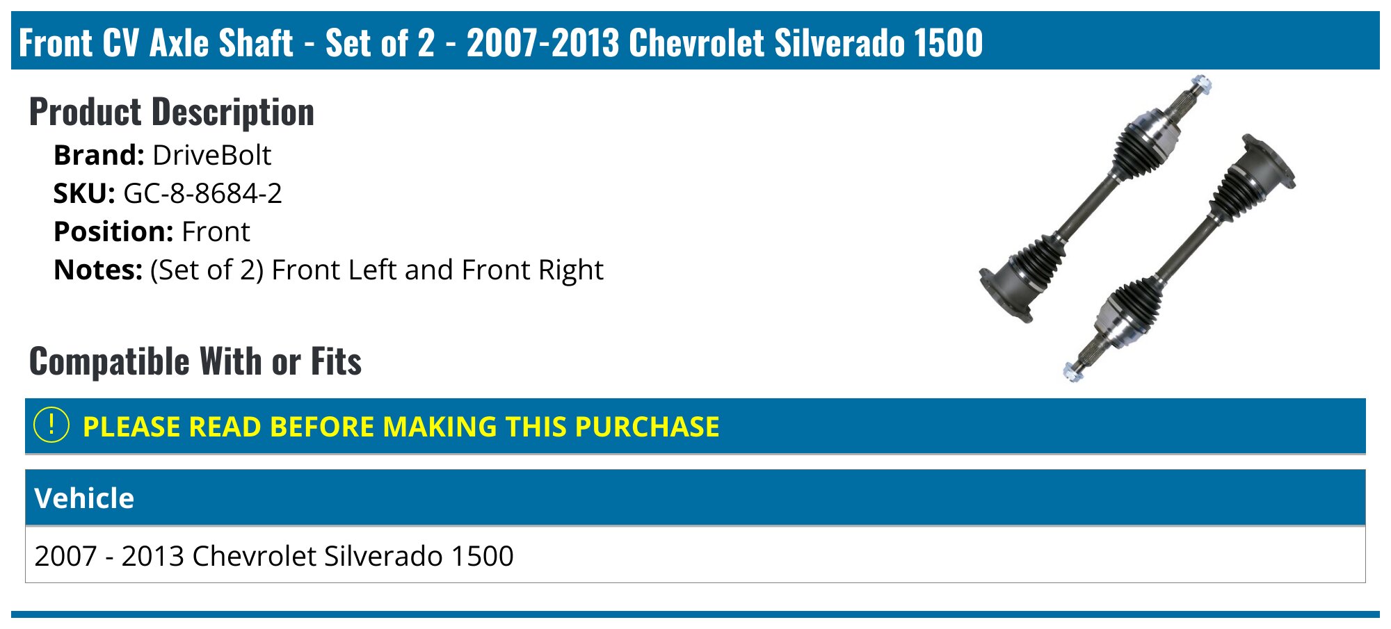 2007-2020 Chevrolet Silverado 1500 Axle Assembly - DriveBolt GC-8-8684 ...