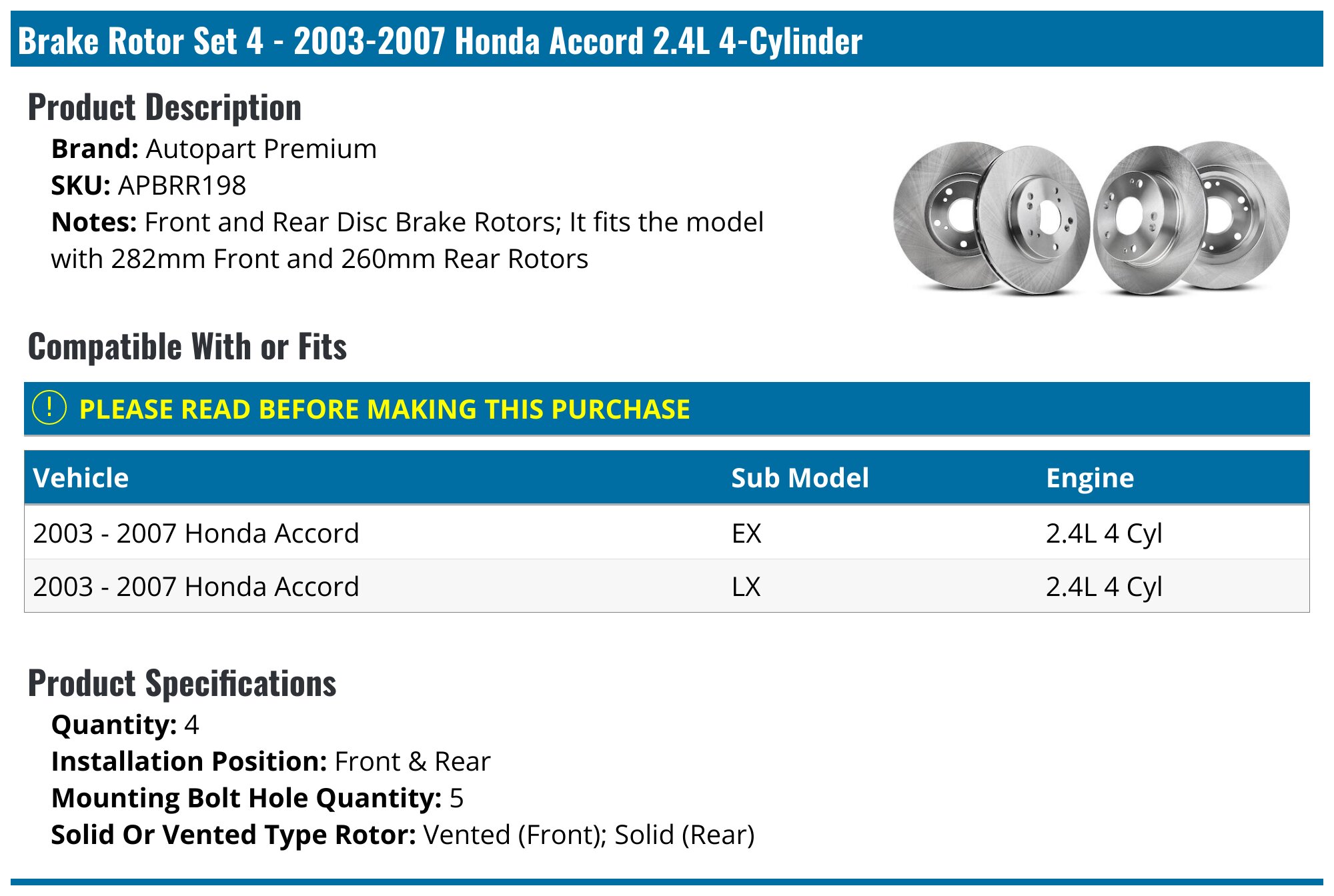 AM Autoparts Brake Rotors Set For 2003-2007 Honda Accord – Front & Rear Cross Drilled & Slotted – G-Coated