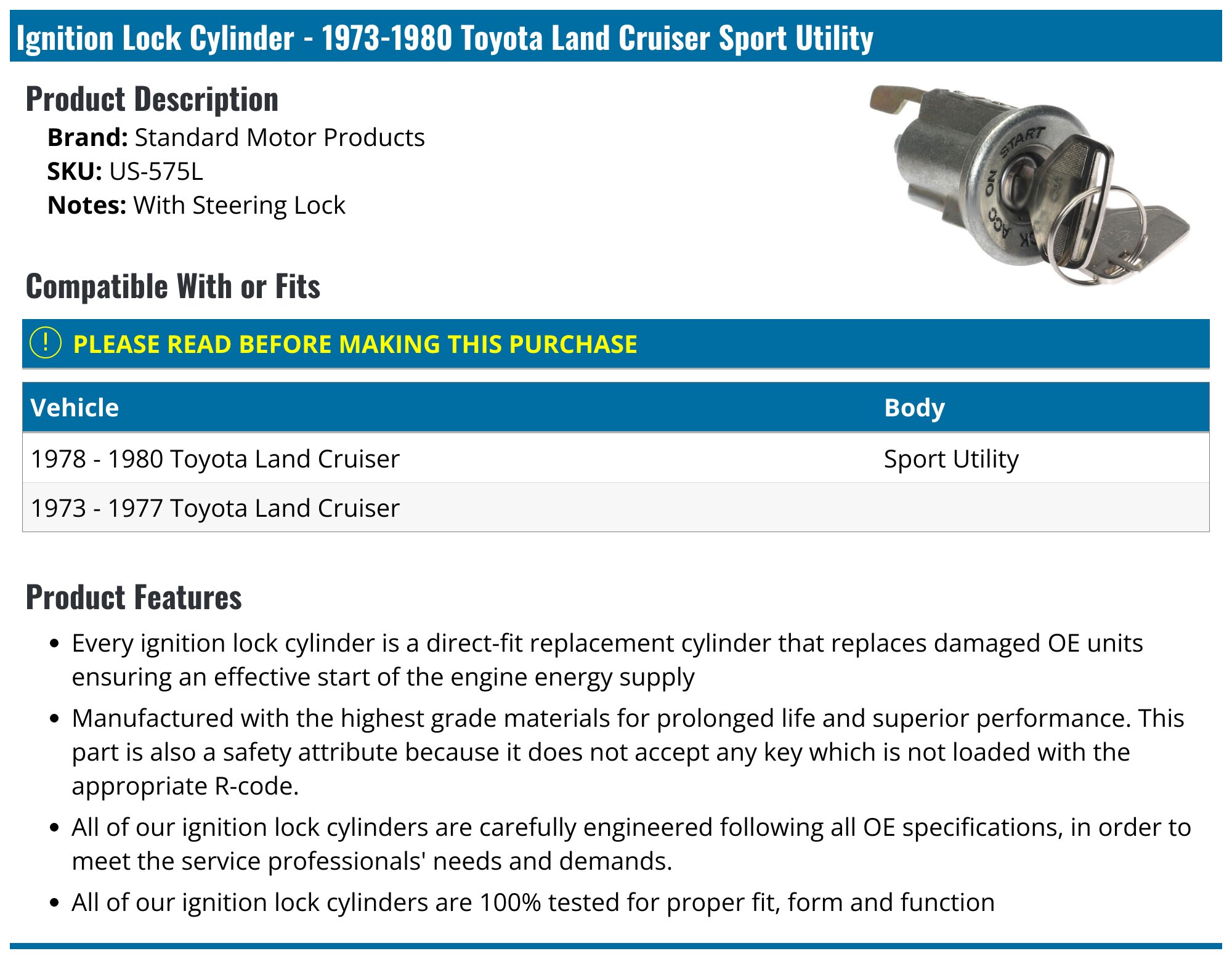 1973-1980 Toyota Land Cruiser Ignition Lock Cylinder - Standard