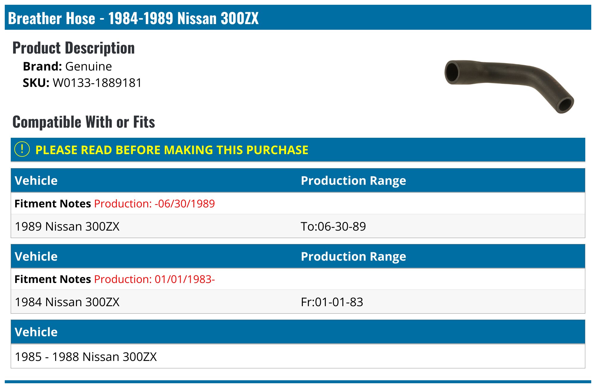 1984-1989 Nissan 300ZX Breather Hose - Genuine W0133-1889181