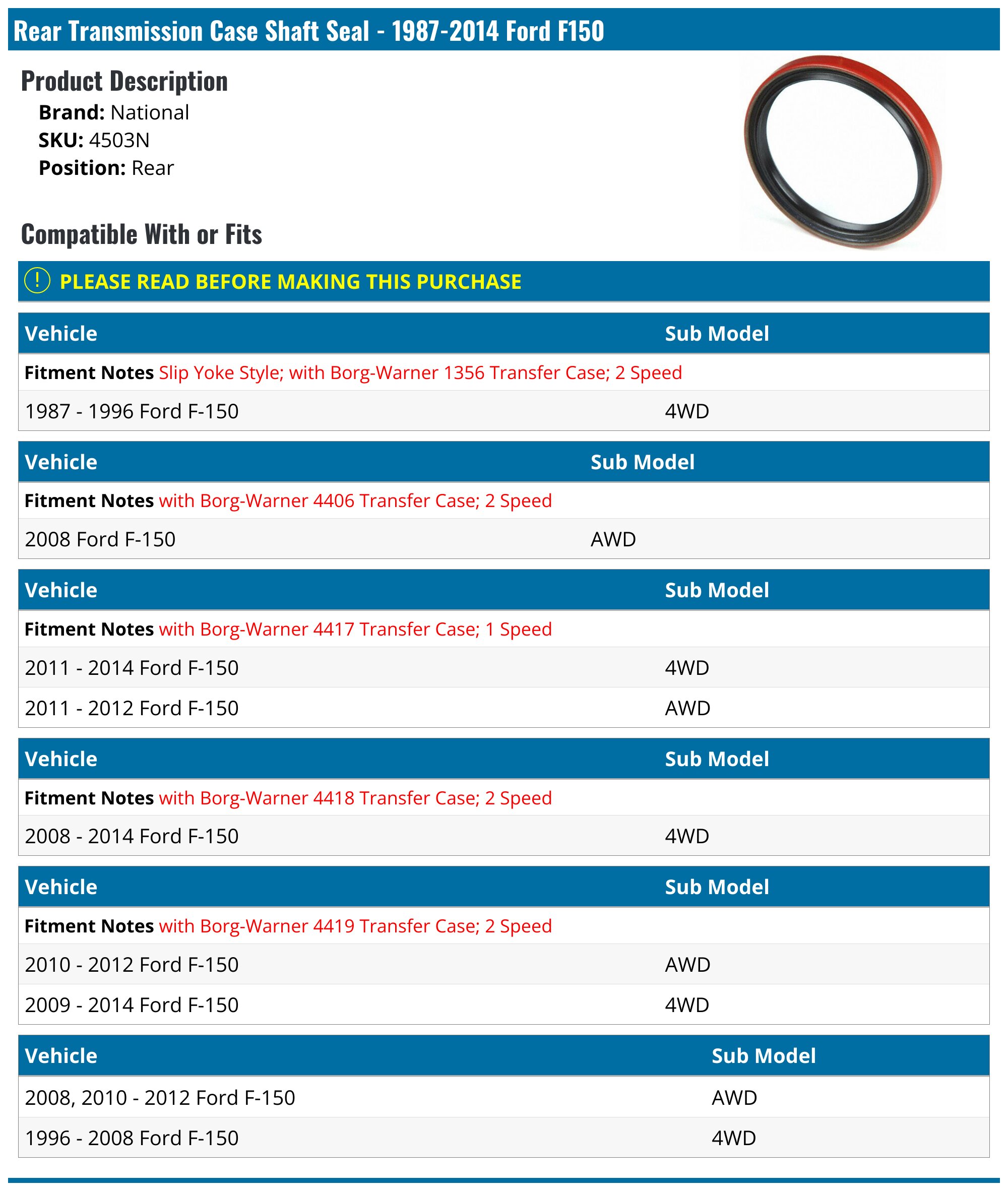 19872014 Ford F150 Transmission Case Shaft Seal National 4503N Rear