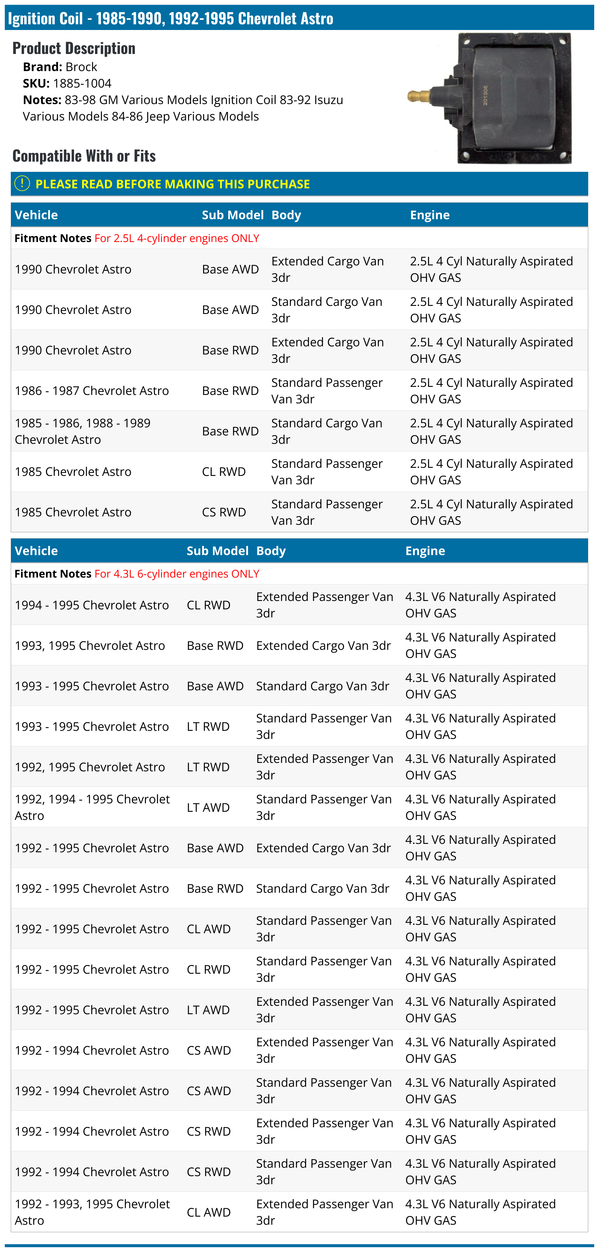 19851990, 19921995 Chevrolet Astro Ignition Coil Brock 18851004
