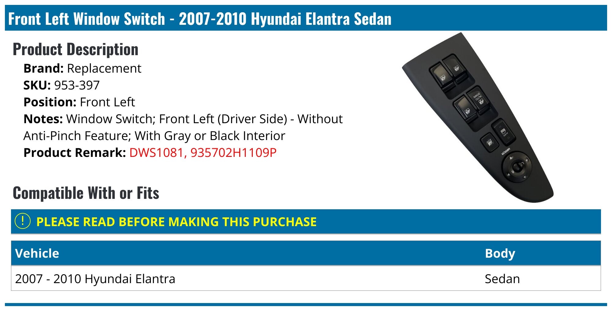 Hyundai Elantra 2016-2020 Front Left Door Window Glass – Driver Side, Light Green, Tempered
