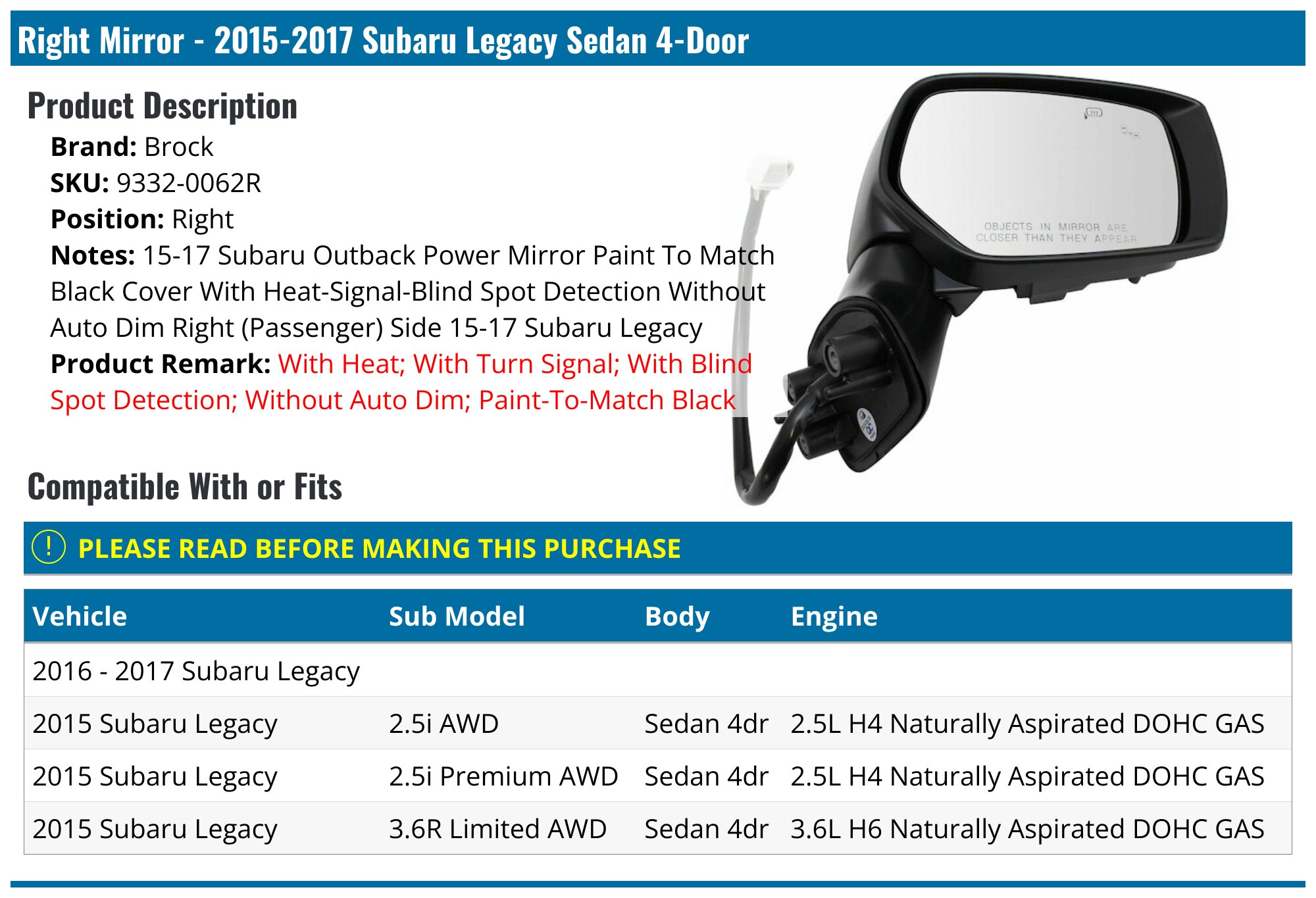 Paint-to-Match Mirror Cap For 2015-2017 Subaru Legacy & Outback – AM Autoparts