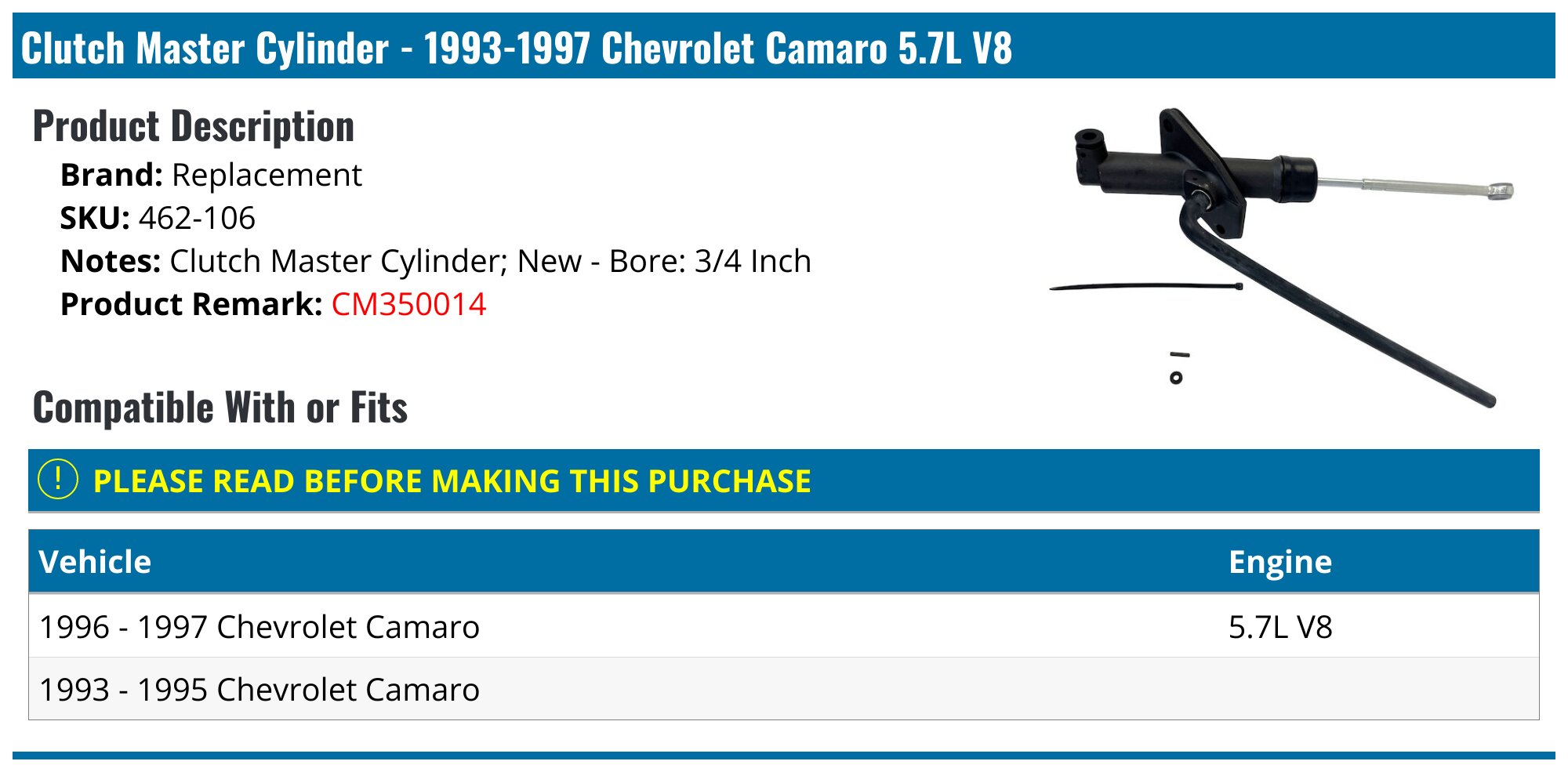 19931997 Chevrolet Camaro Clutch Master Cylinder Replacement 462106