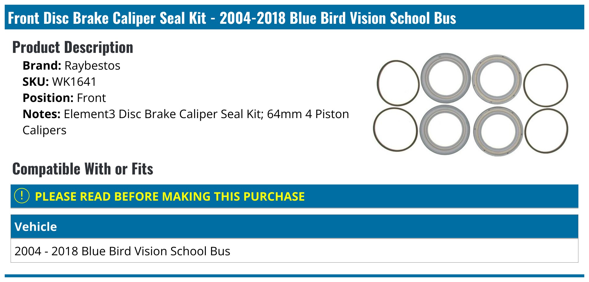 20042018 Blue Bird Vision School Bus Disc Brake Caliper Seal Kit
