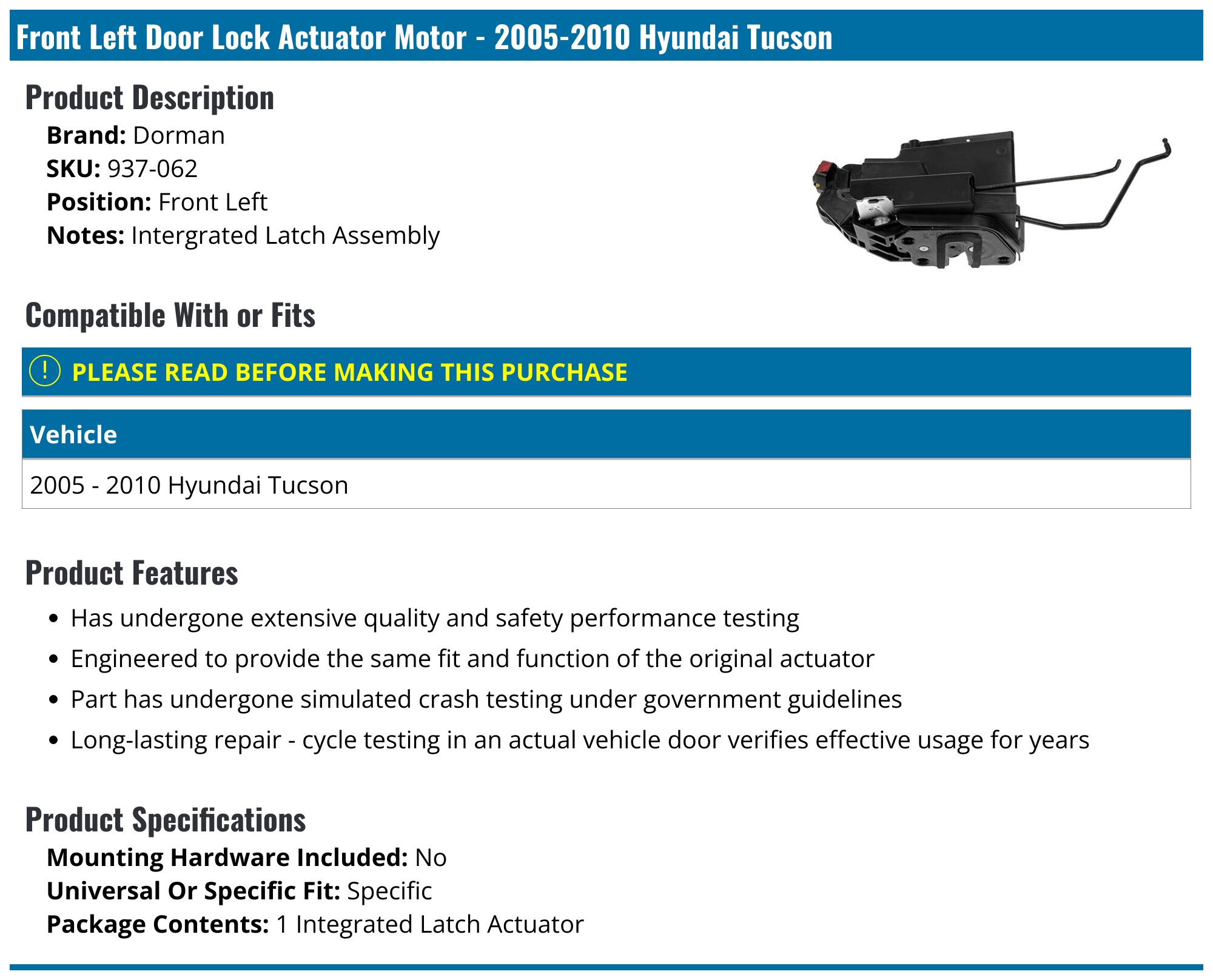 A-Premium Front Right Passenger Side Door Lock Actuator Compatible with Kia Sportage 2005-2010 Sport Utility 813211F010