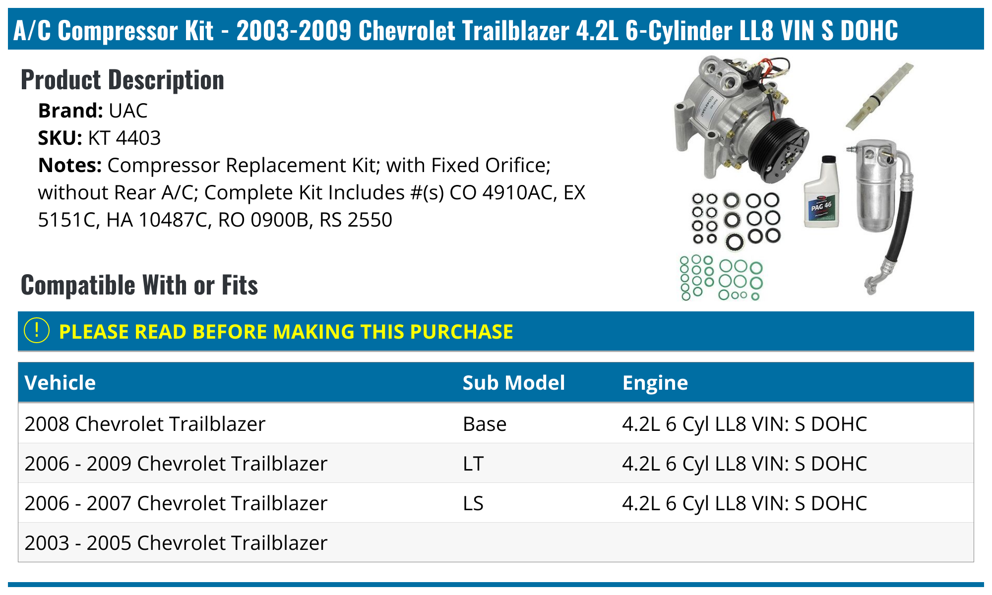 2003-2009 Chevrolet Trailblazer A/C Compressor - UAC KT 4403 ...