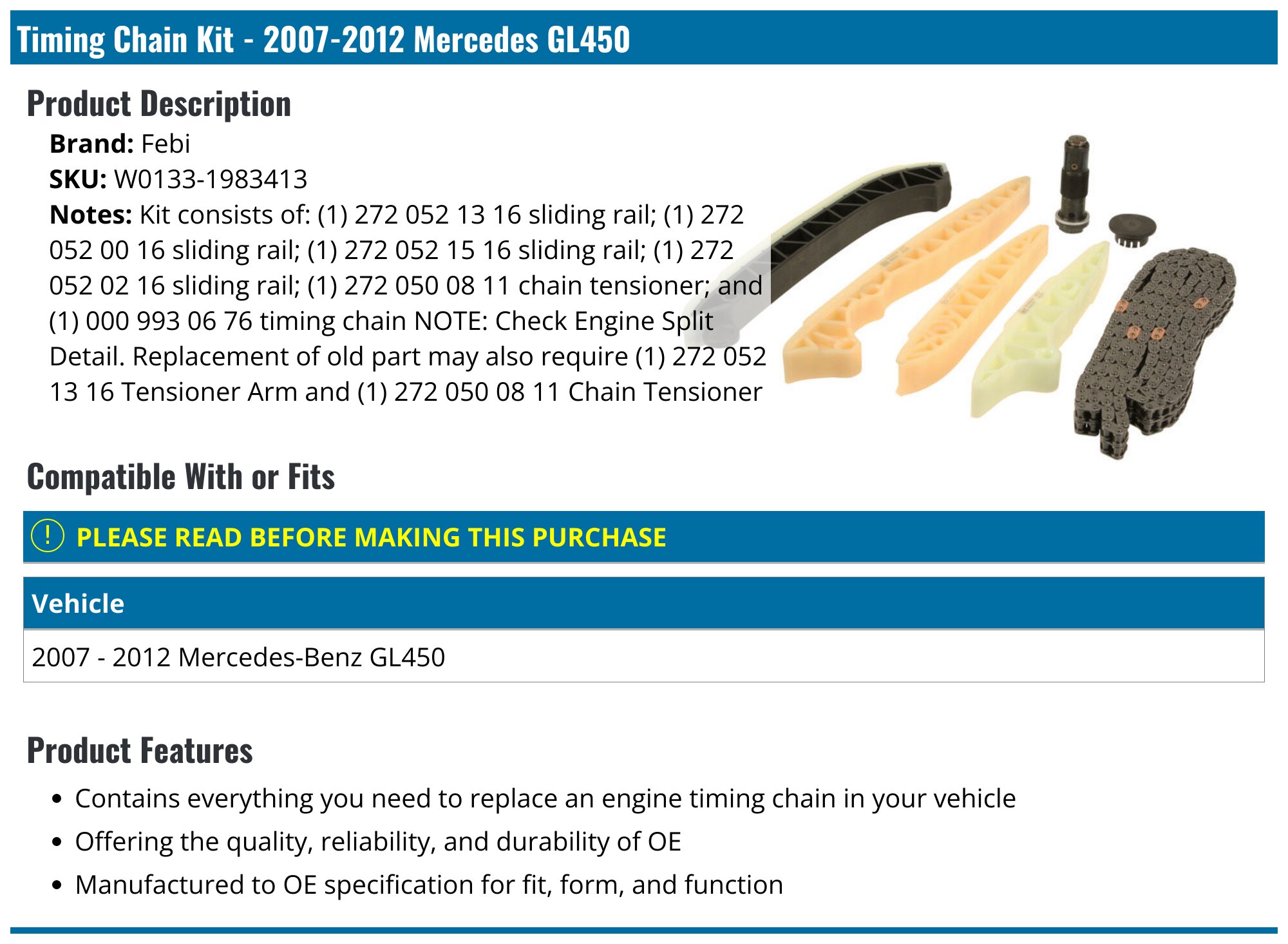 20072012 Mercedes GL450 Timing Chain Febi W01331983413