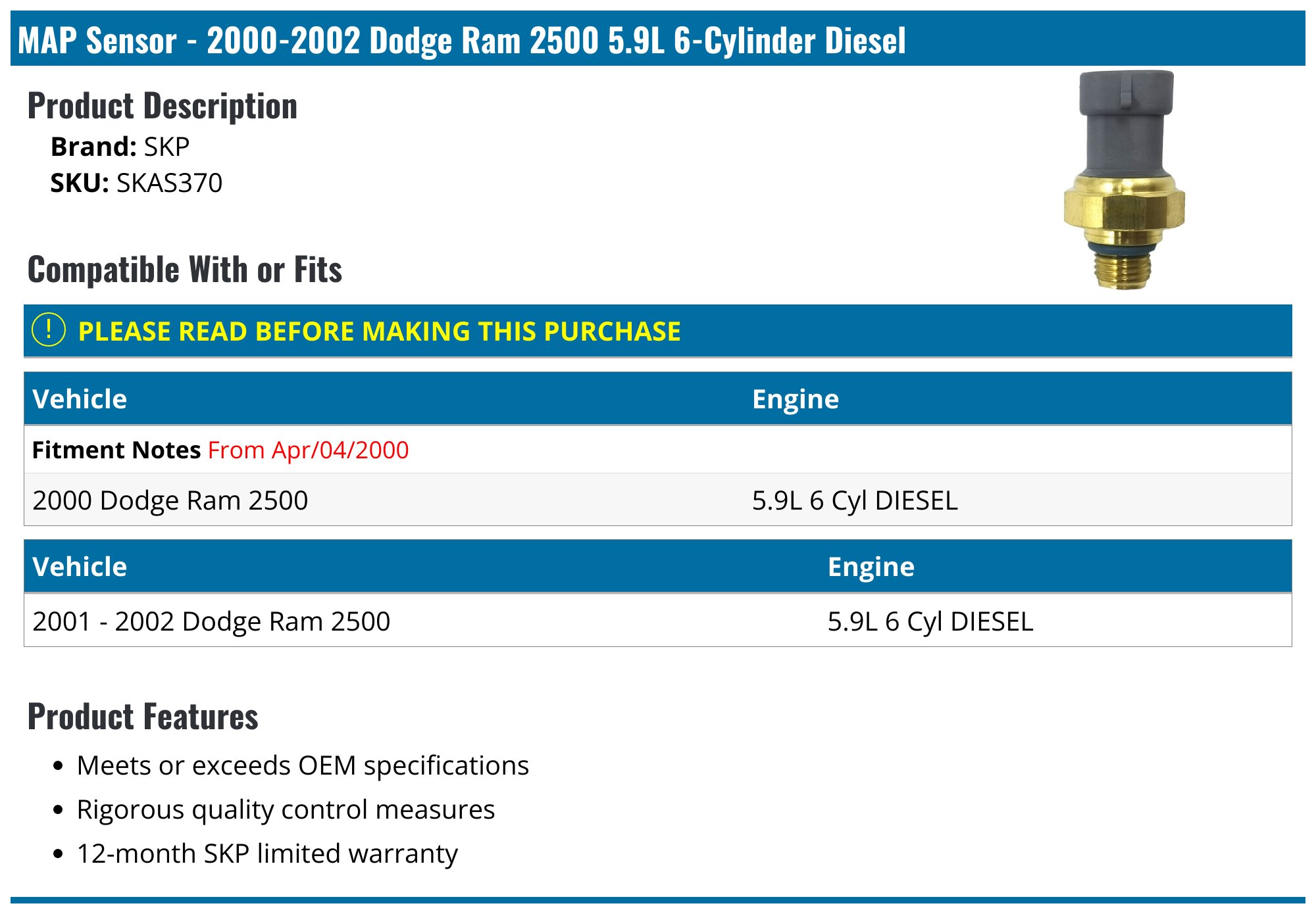 MAP Pressure Sensor For Chrysler, Dodge, Jeep, Ram – 05149174AA 5149174AA 5179174AB