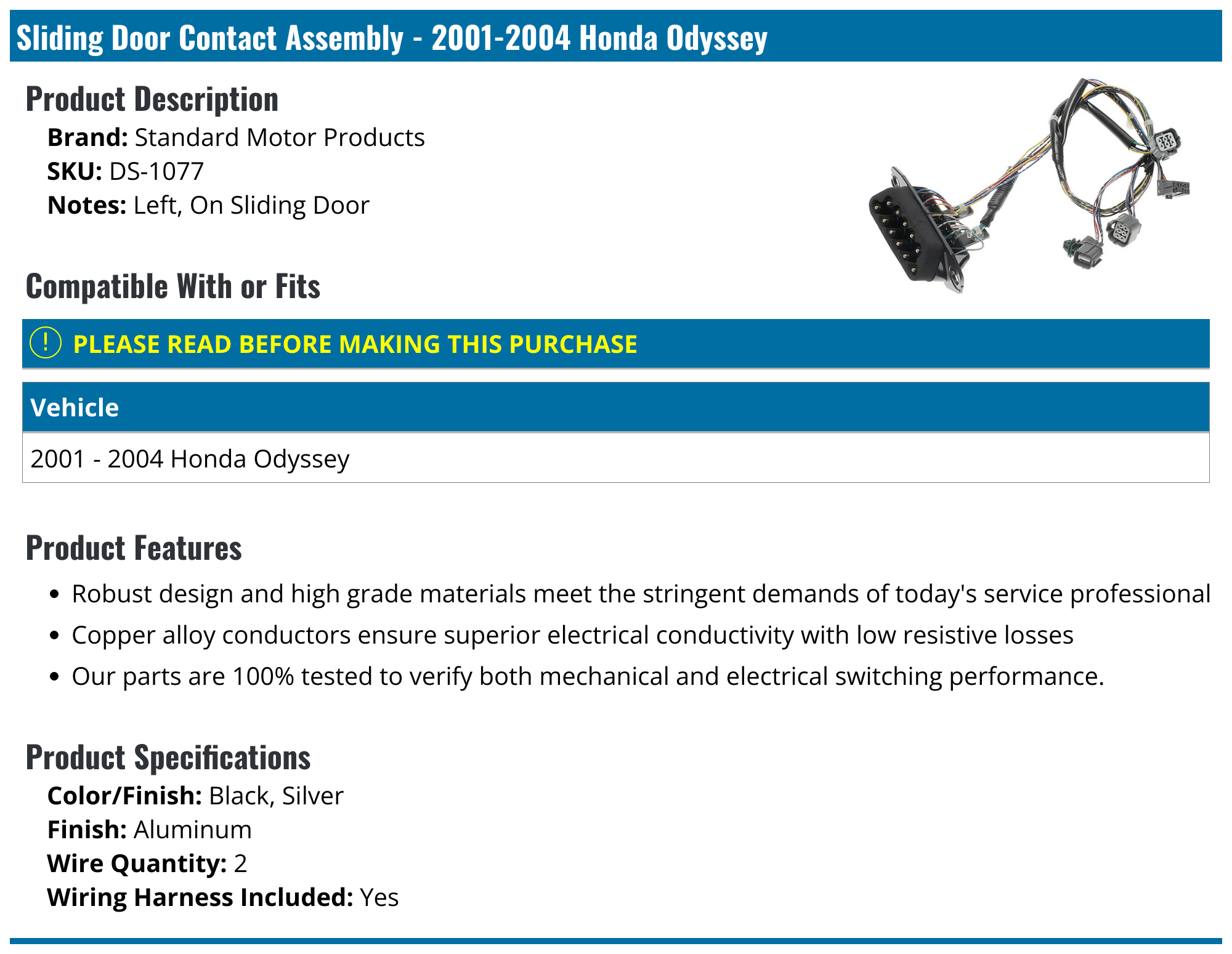 20012004 Honda Odyssey Sliding Door Contact Assembly Standard Motor