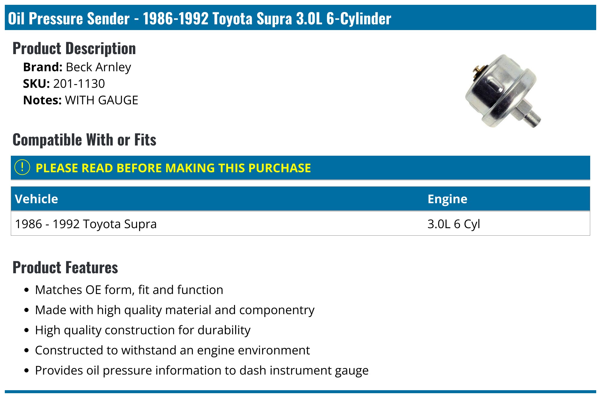 1986-1992 Toyota Supra Oil Pressure Sender Beck Arnley 201-1130