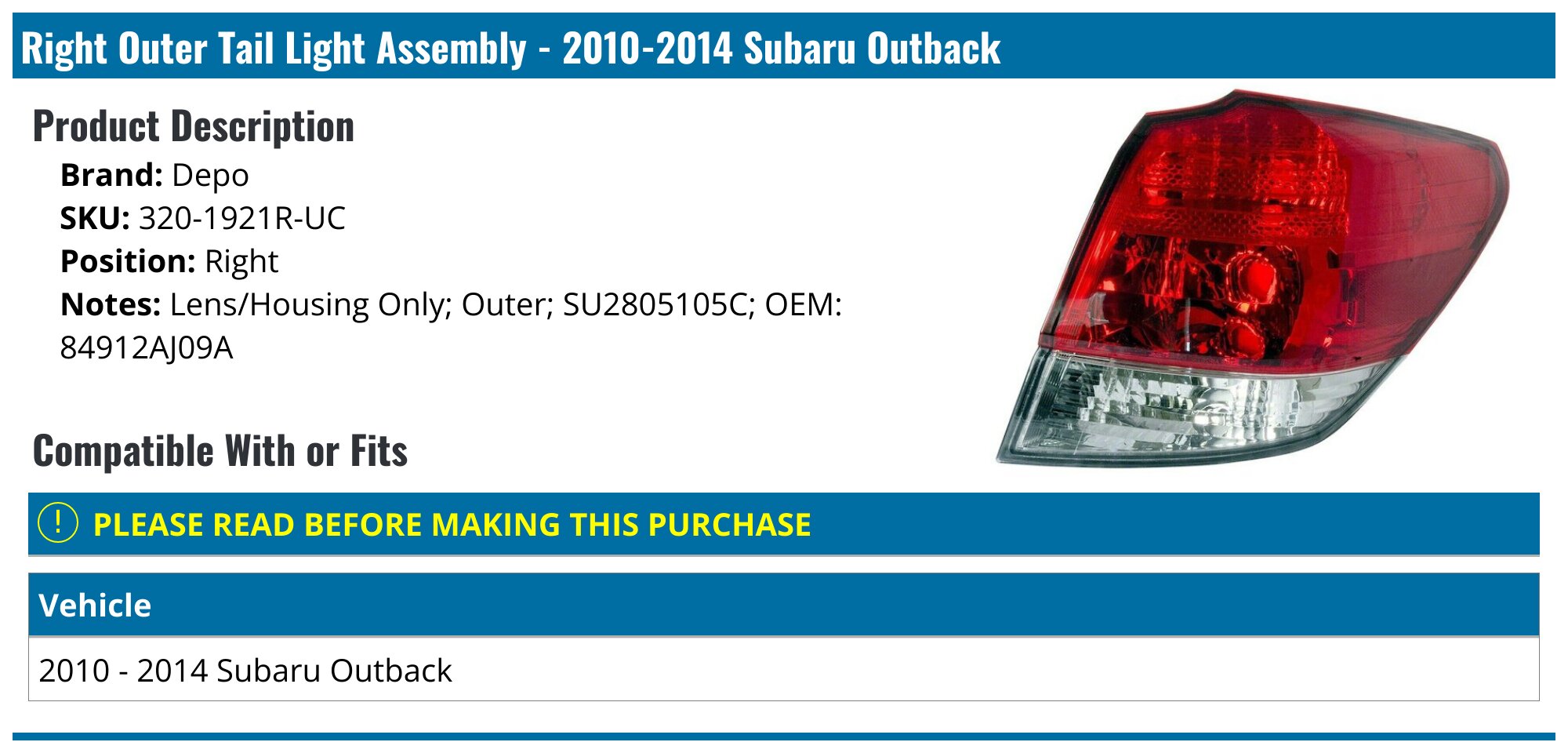 Buy Passenger Replacement Tail Light 00-04 Subaru Legacy Sedan Outback 84201AE10B In Ontario - Foto 14