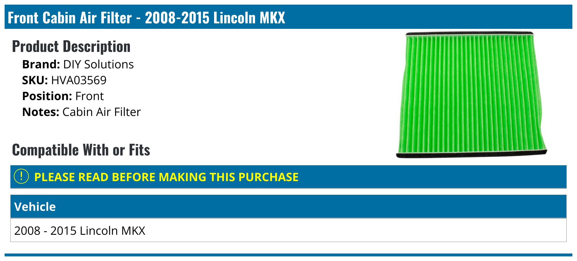 20082015 Lincoln MKX Cabin Air Filter DIY Solutions HVA03569 Front