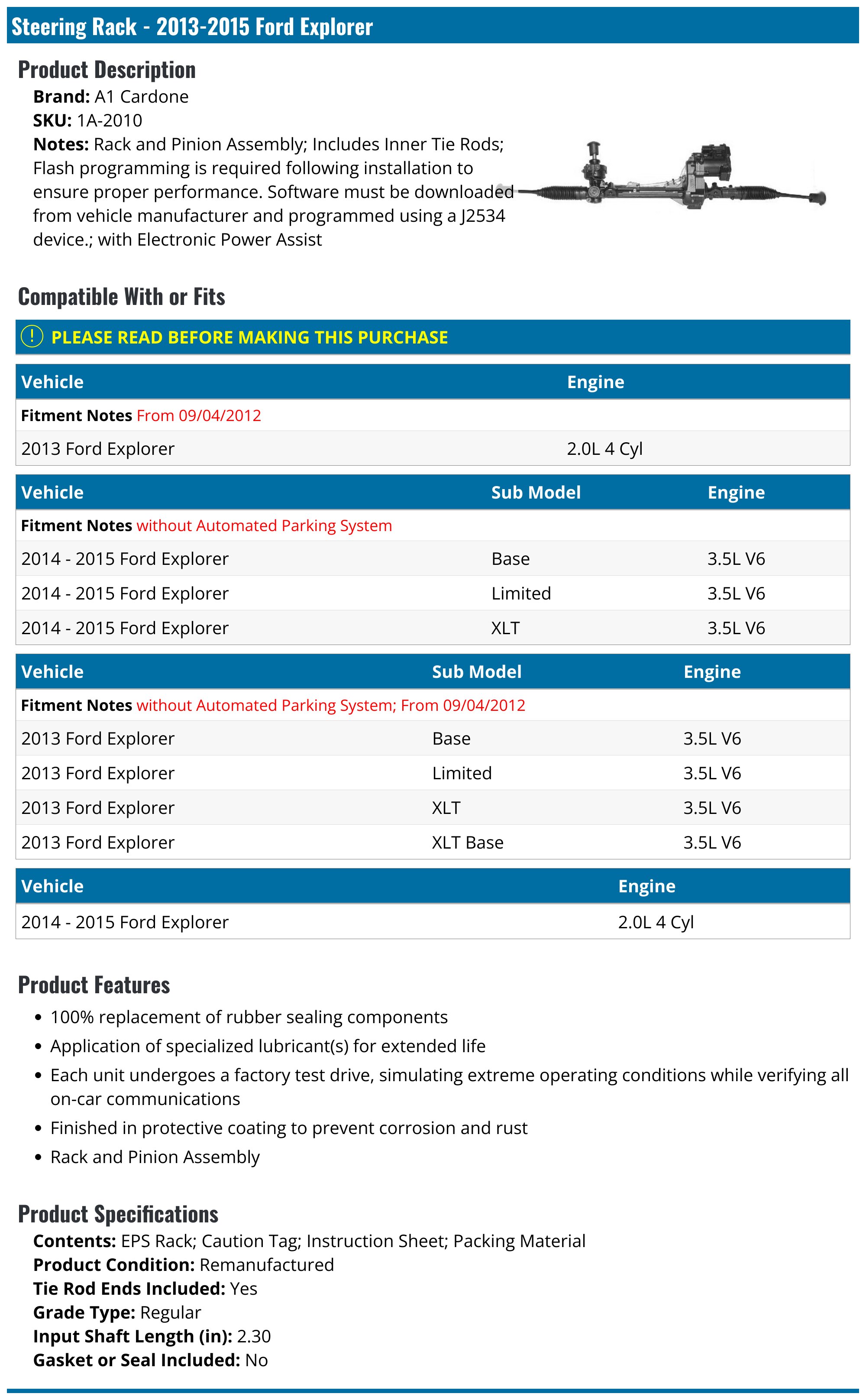 20132015 Ford Explorer Steering Rack A1 Cardone 1A2010
