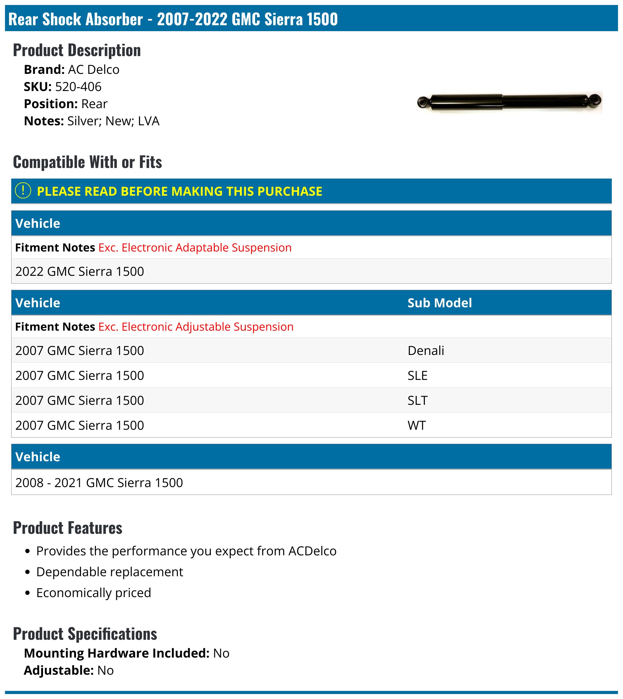 2007-2022 GMC Sierra 1500 Shock Absorber - AC Delco 520-406 - Rear ...