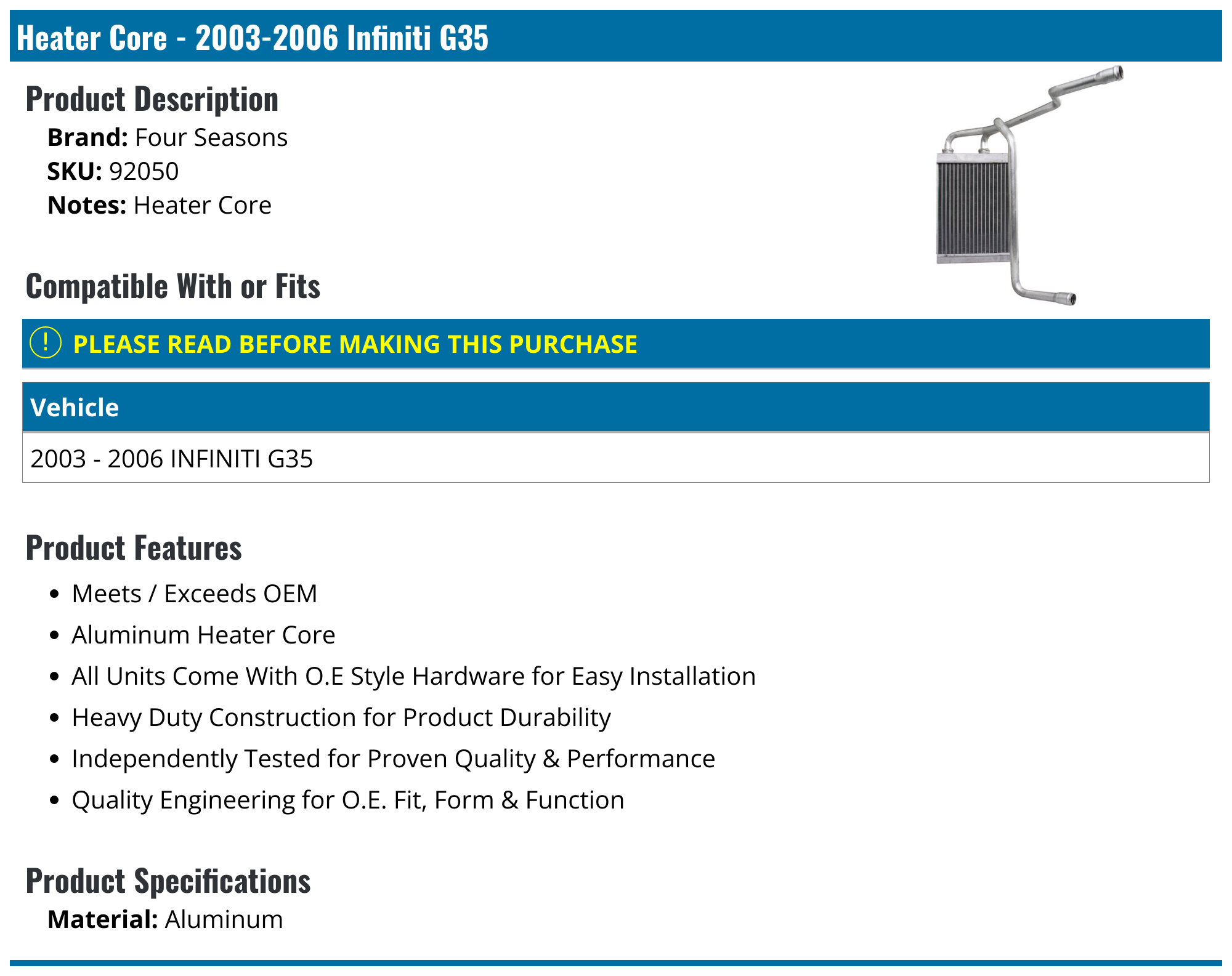 20032007 Infiniti G35 Heater Core Four Seasons 92050