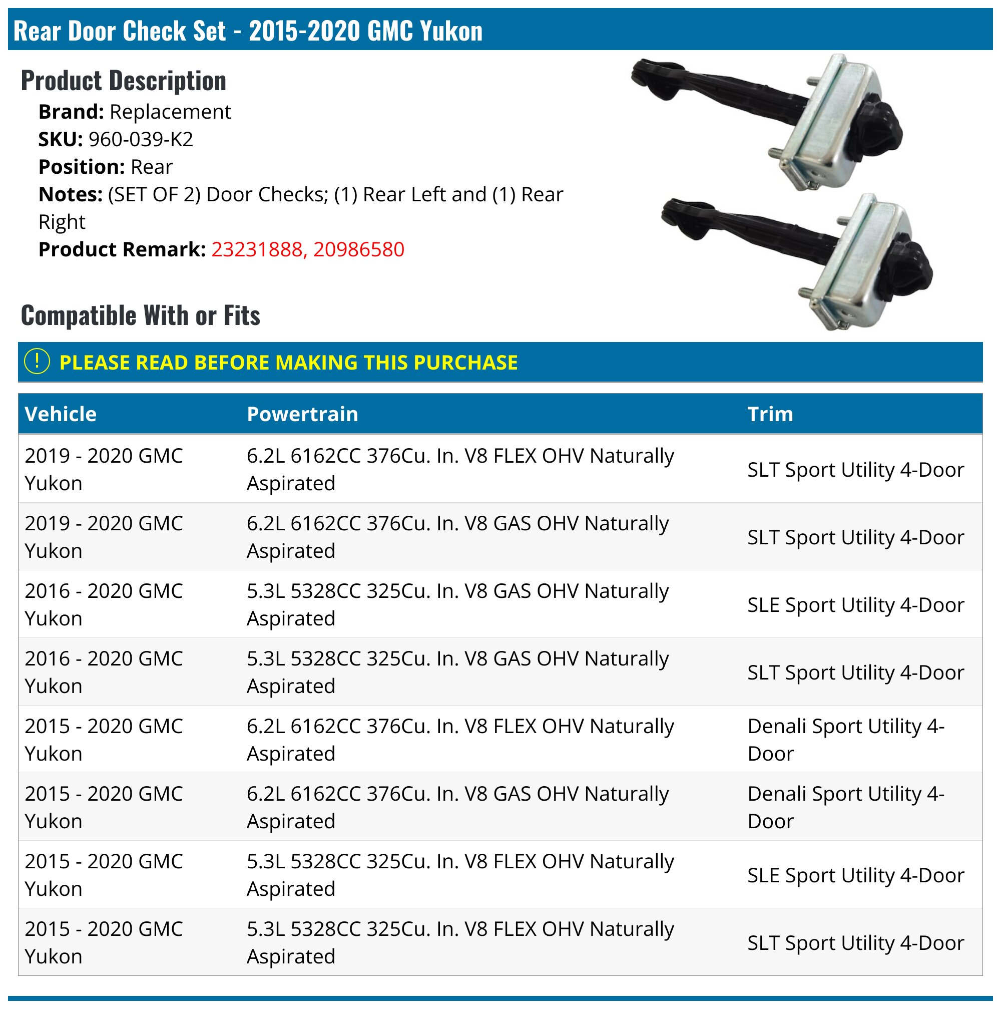 2015-2020 GMC Yukon Door Check - Replacement 960-039-K2 - Rear ...