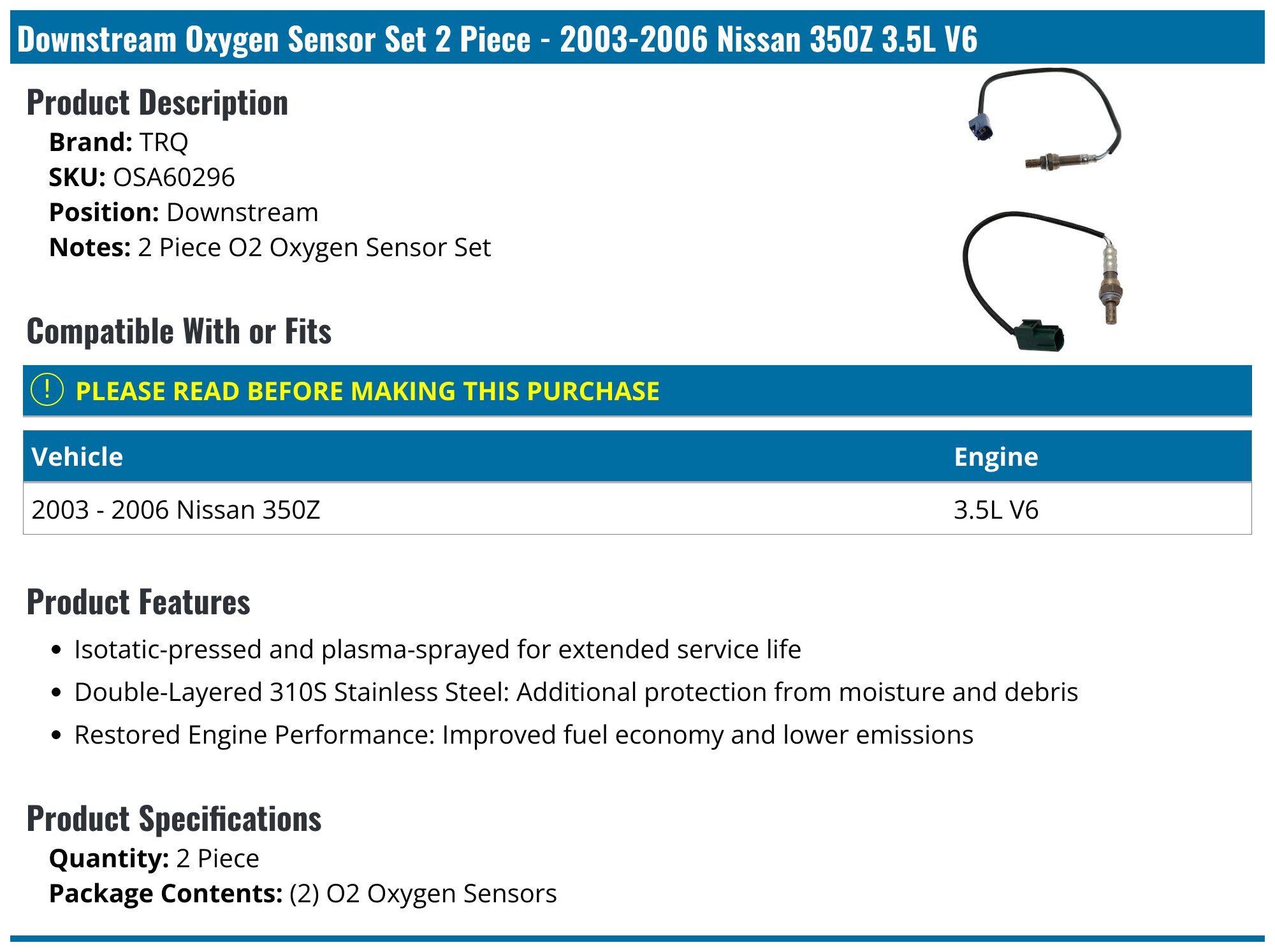 2-Pack Downstream Oxygen Sensor For Nissan 350Z 2003-2006, Altima, Maxima, Quest 3.5L - Replace ZEBRA00010