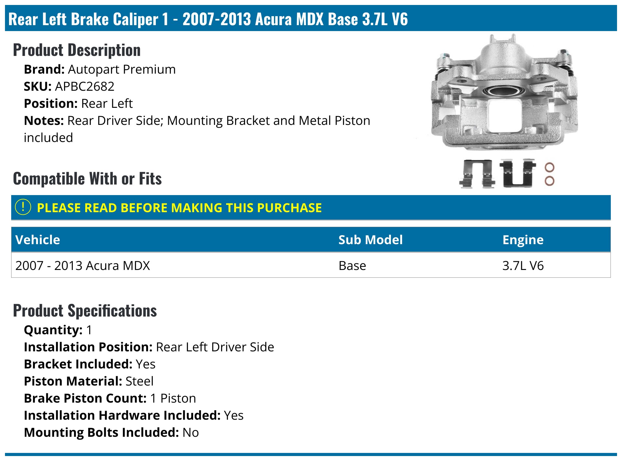 Front Disc Brake Calipers With Brackets – Pair For Acura MDX & ZDX 2007-2013 – Steel Pistons