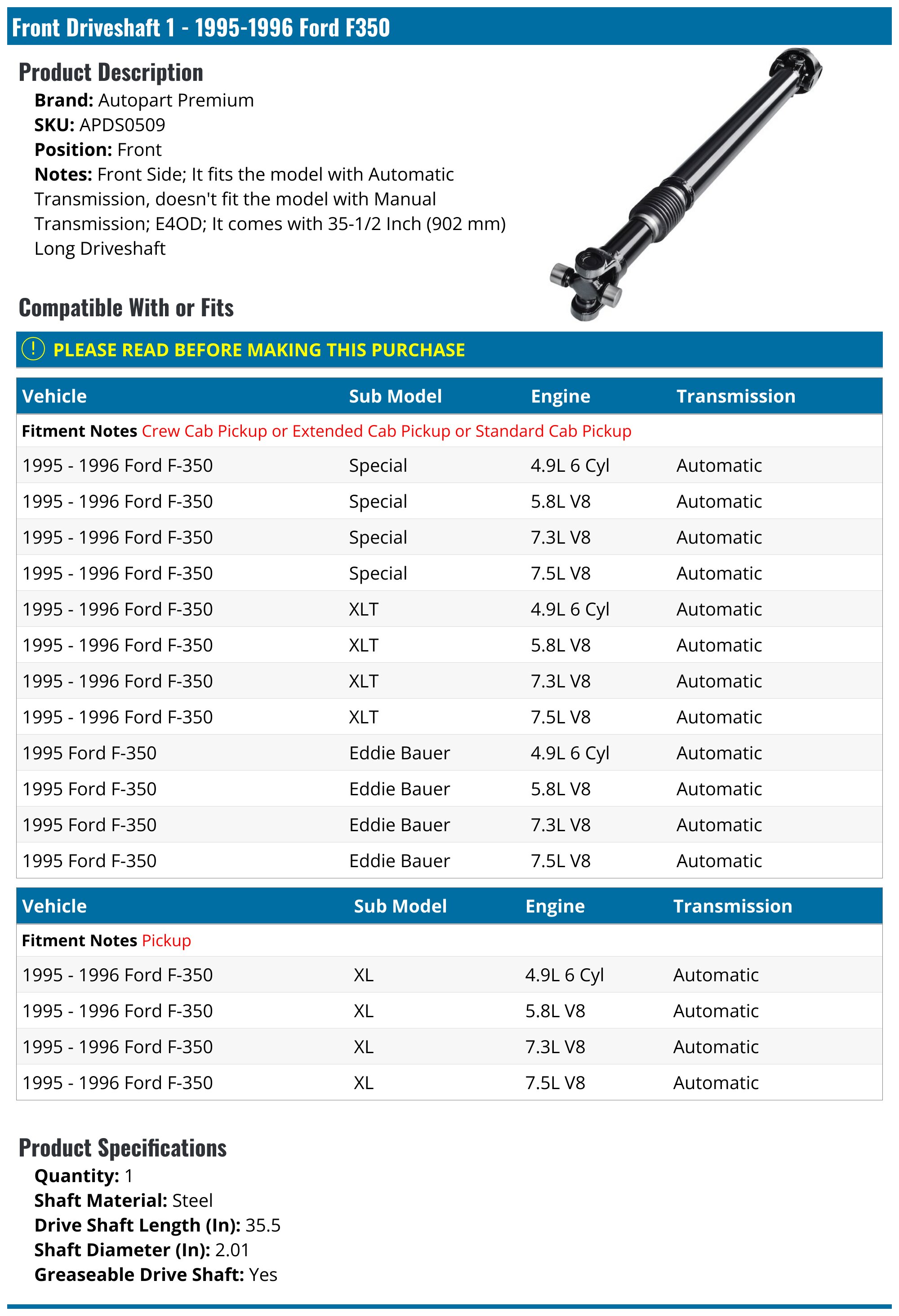 19951996 Ford F350 Drive Shaft Autopart Premium APDS0509 Front