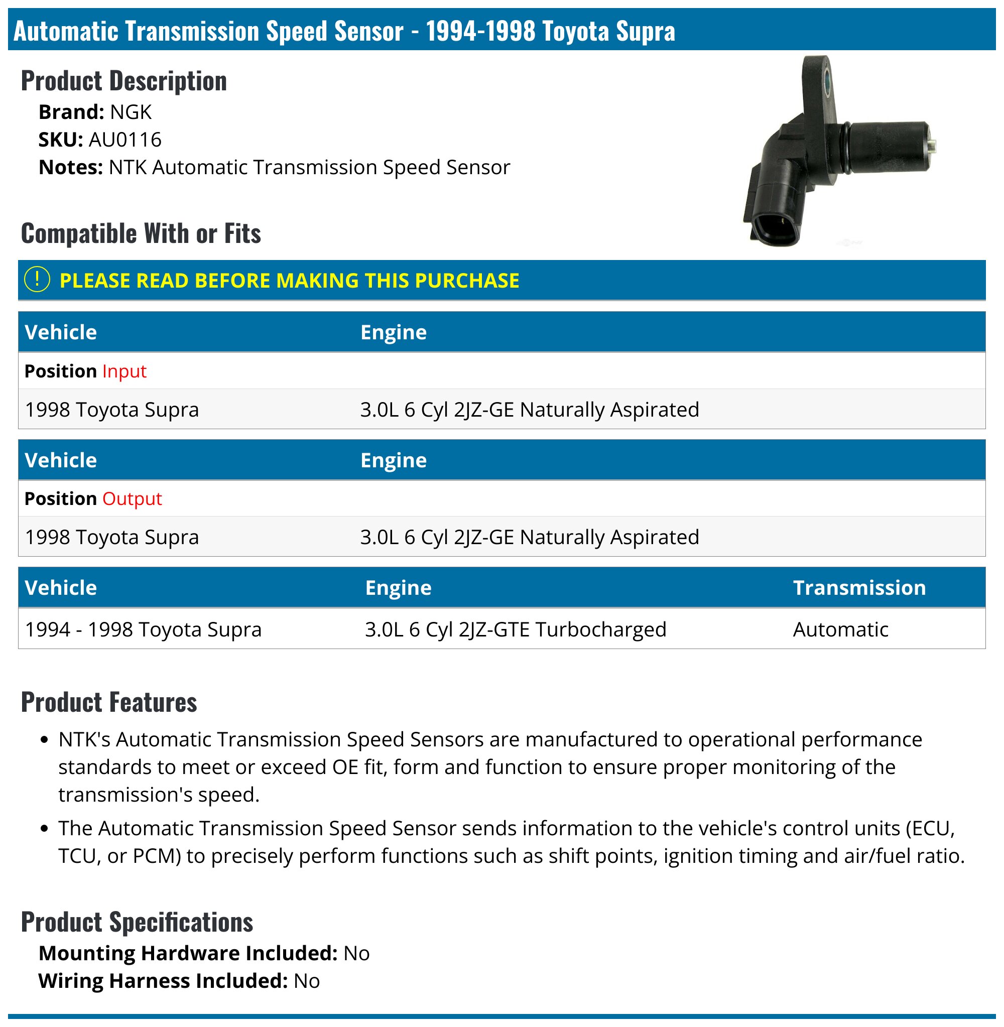 1994-1998 Toyota Supra Automatic Transmission Speed Sensor - NGK AU0116 ...