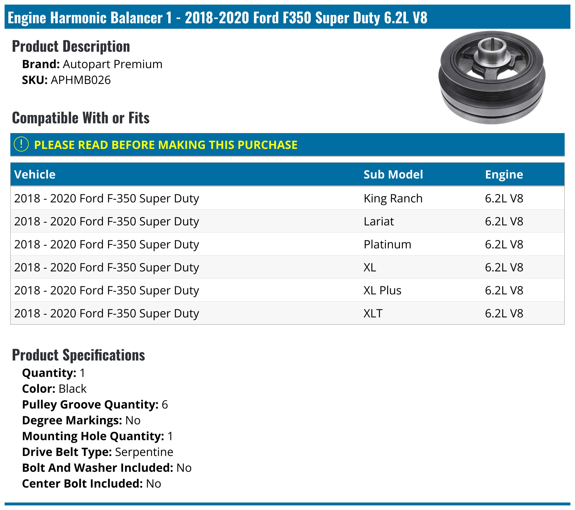 HOPESPANNER Engine Harmonic Balancer Crankshaft Pulley – 10 Groove – Fits Ford F-150 2011-2020 & Transit – Replaces BR3Z6312B
