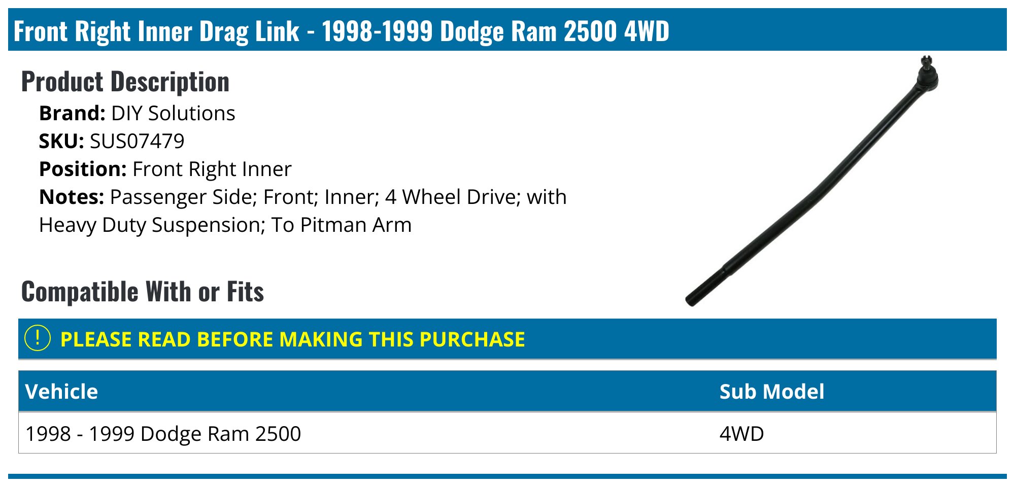 Front Right Inner Drag Link fits Dodge Ram 2500 1998-1999 4WD 96HCWX | UK