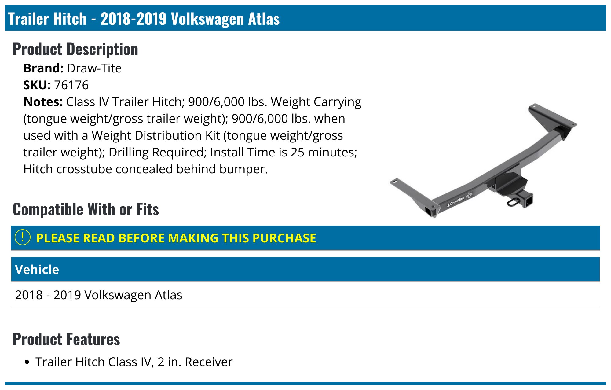 2018-2019 Volkswagen Atlas Trailer Hitch - Draw-Tite 76176 - PartsGeek.com