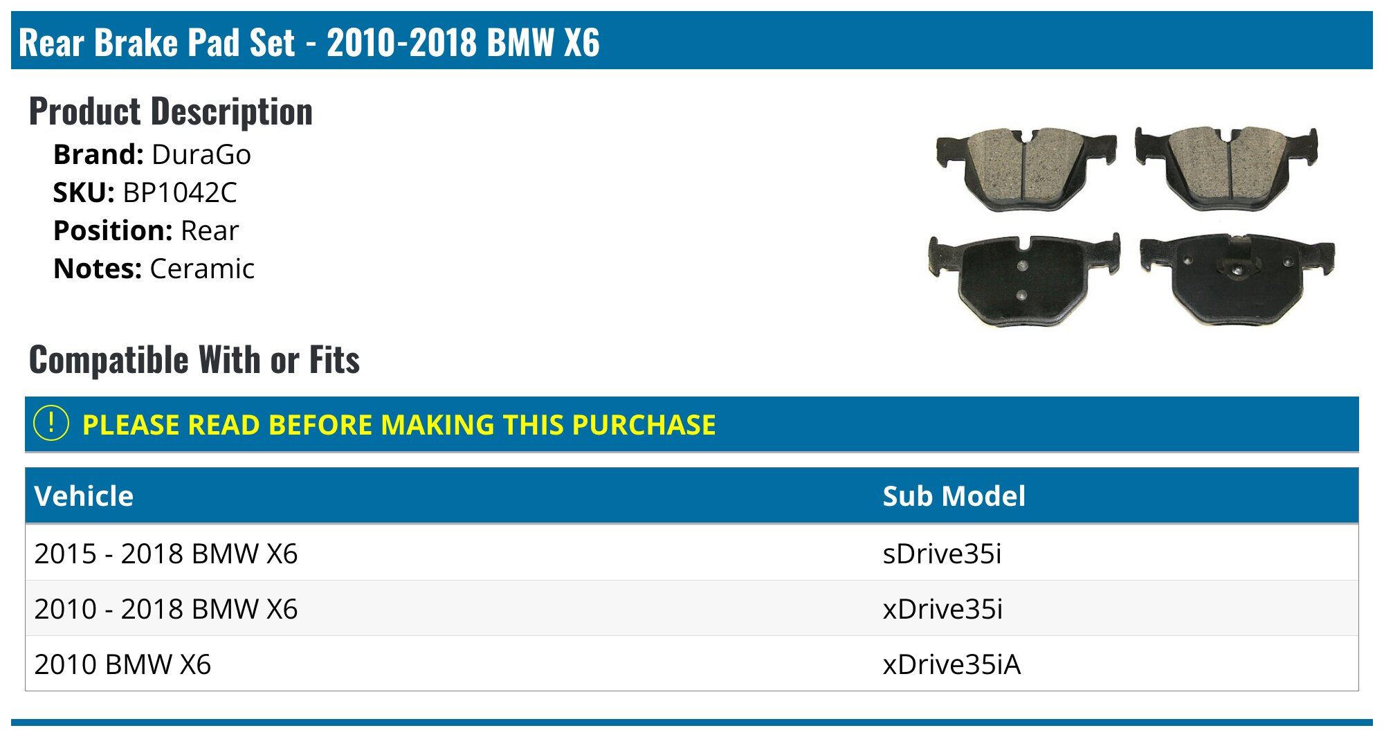 20102018 BMW X6 Brake Pad Set DuraGo BP1042C Rear