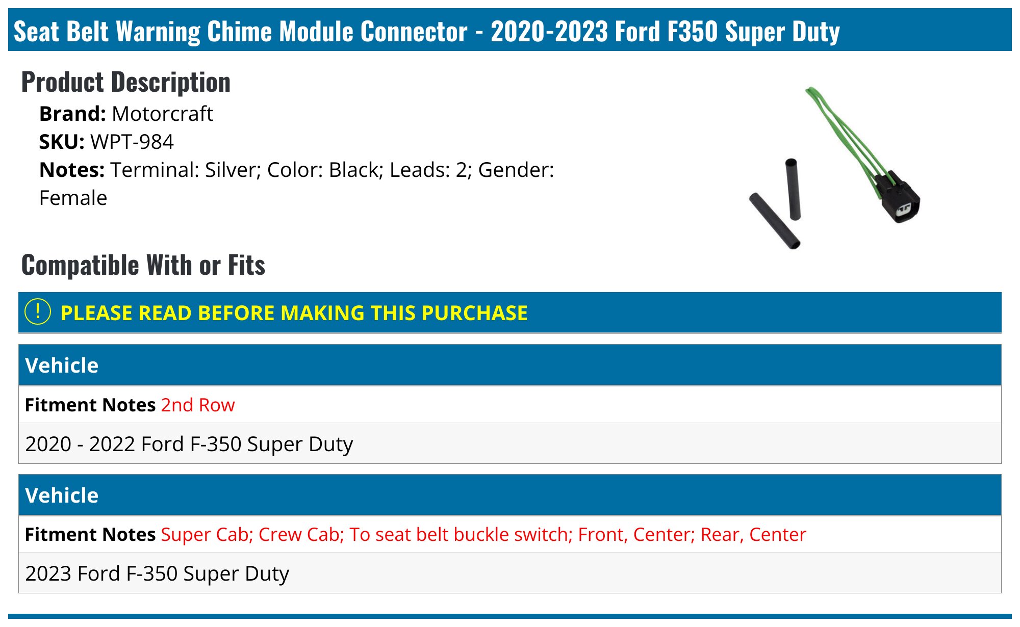 20202023 Ford F350 Super Duty Seat Belt Warning Chime Module Connector
