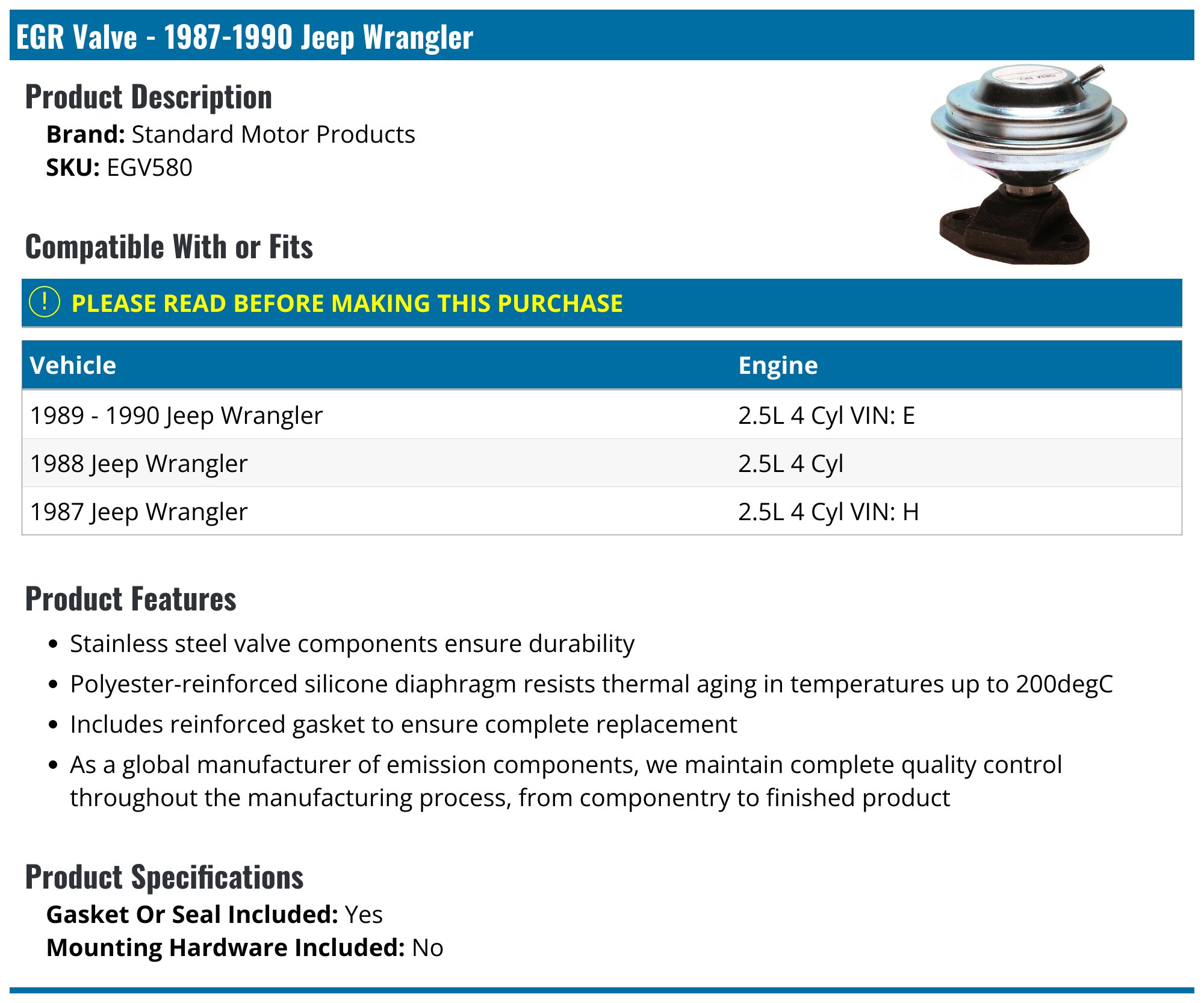19871990 Jeep Wrangler EGR Valve Standard Motor Products EGV580
