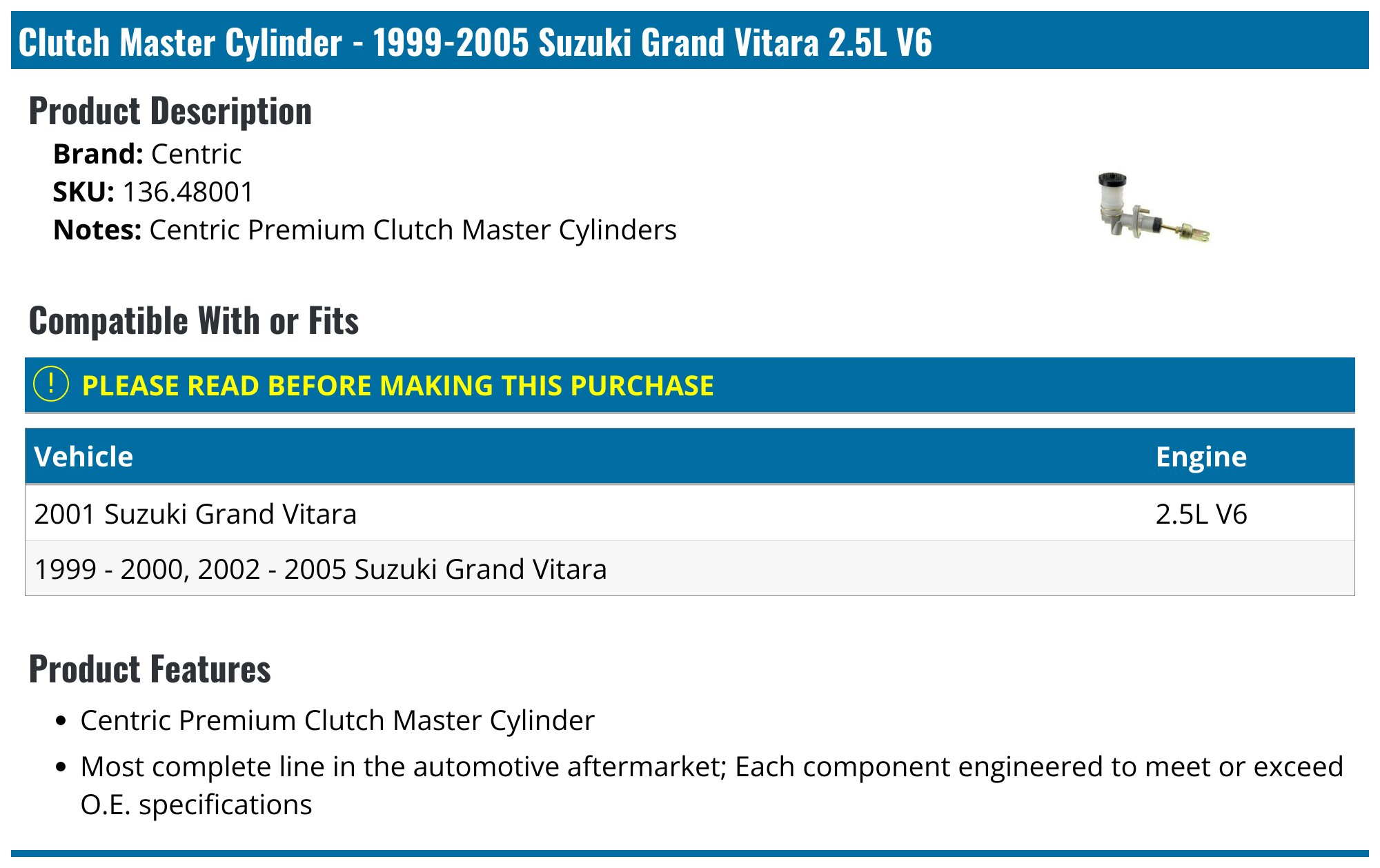 19992005 Suzuki Grand Vitara Clutch Master Cylinder Centric 136.