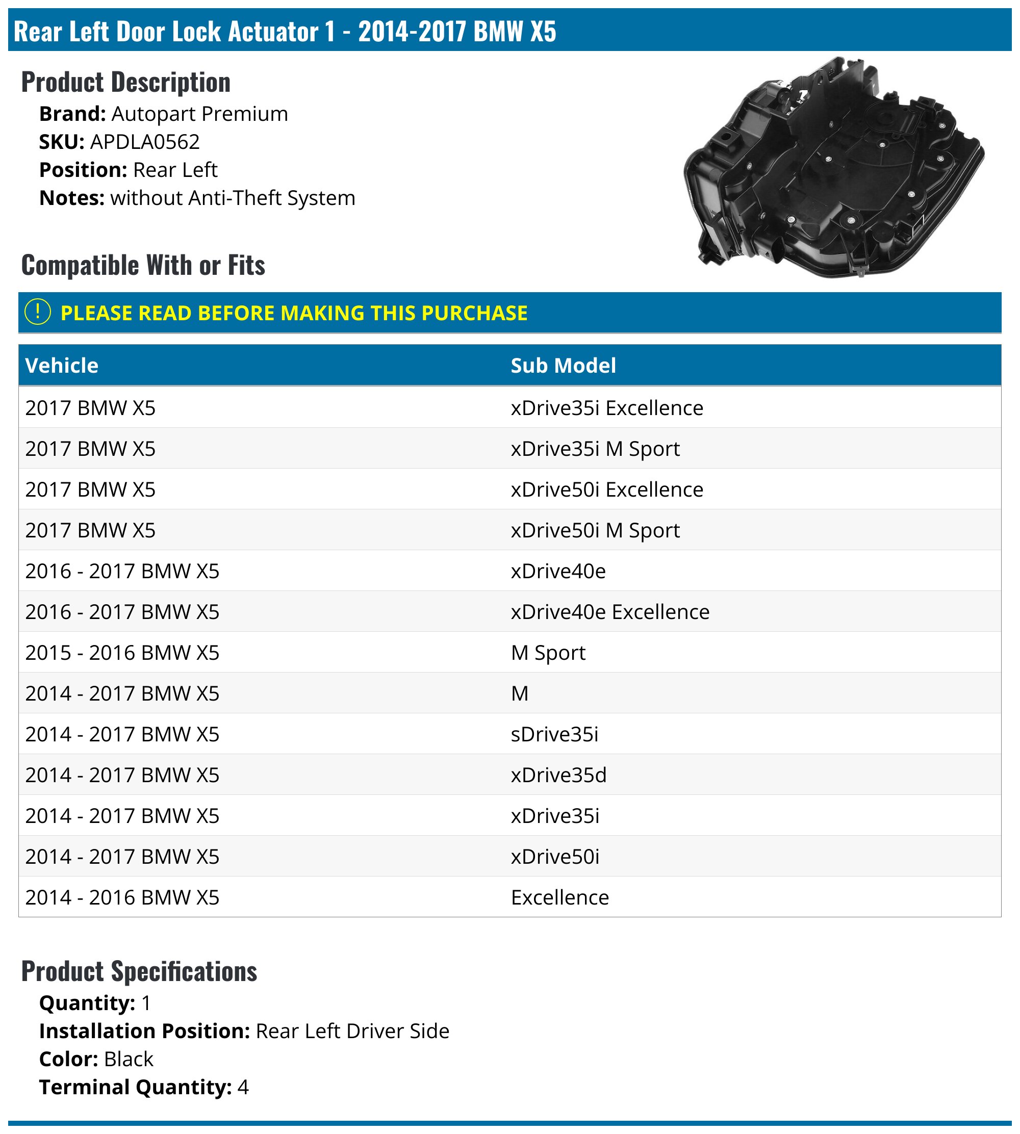 2014-2017 BMW X5 Door Lock Actuator - Autopart Premium APDLA0562 - Rear ...