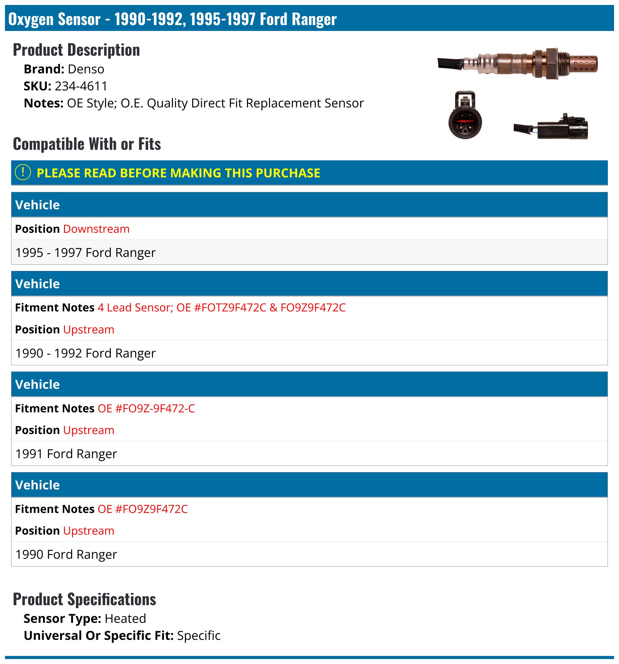 1990-1992, 1995-1997 Ford Ranger Oxygen Sensor - Denso 234-4611 ...