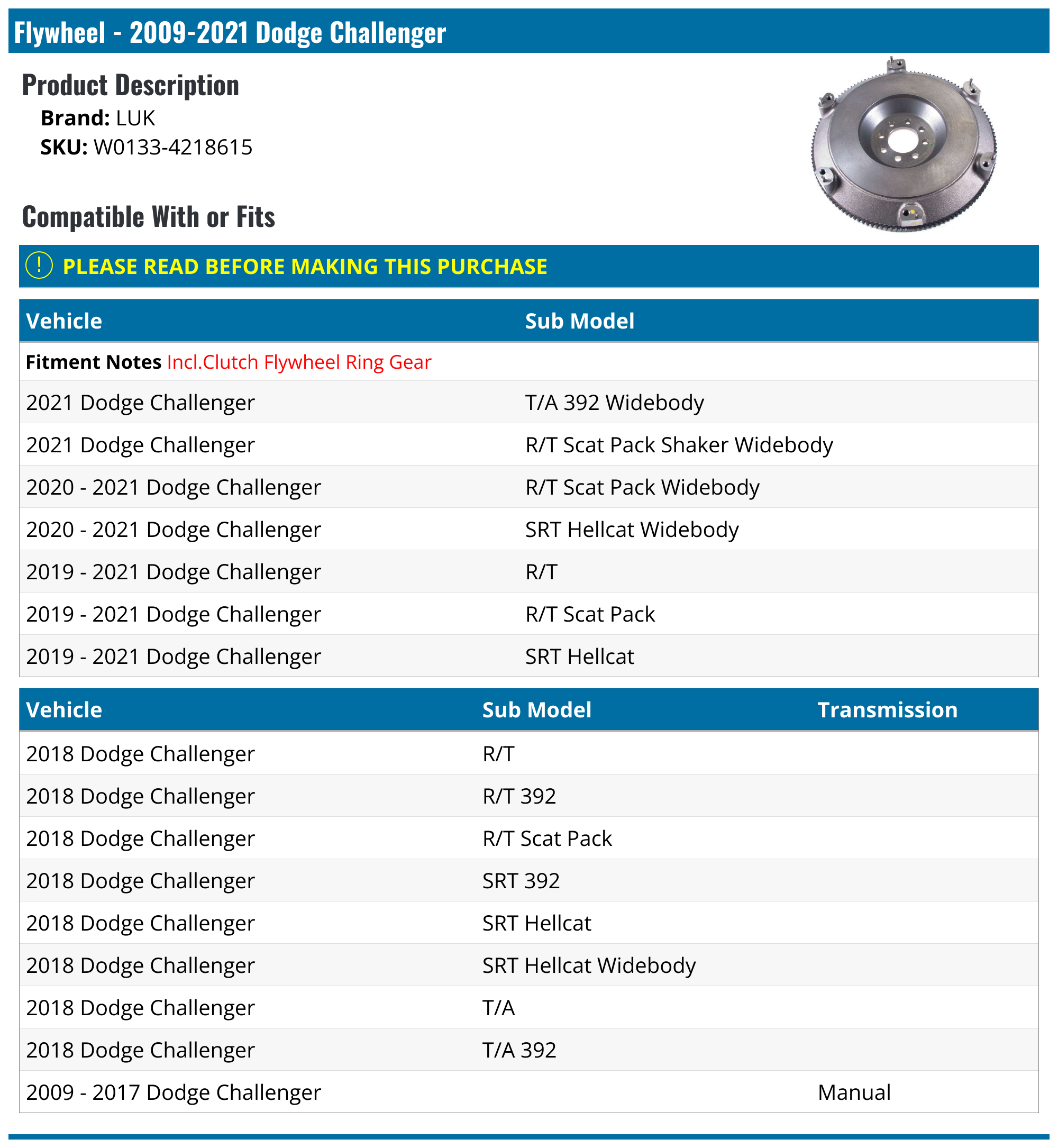 20092023 Dodge Challenger Flywheel LUK W01334218615